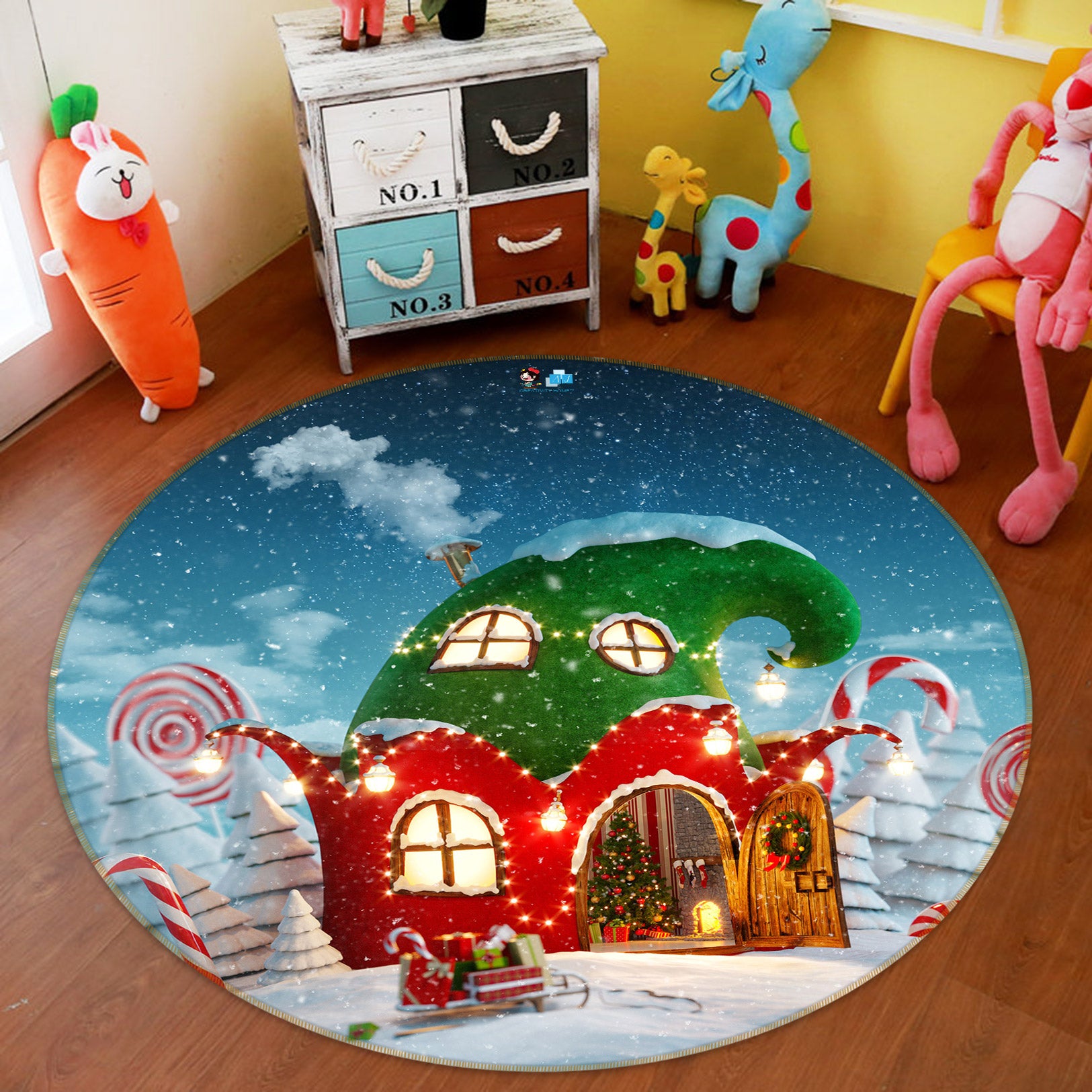3D Red Green Cabin 55208 Christmas Round Non Slip Rug Mat Xmas