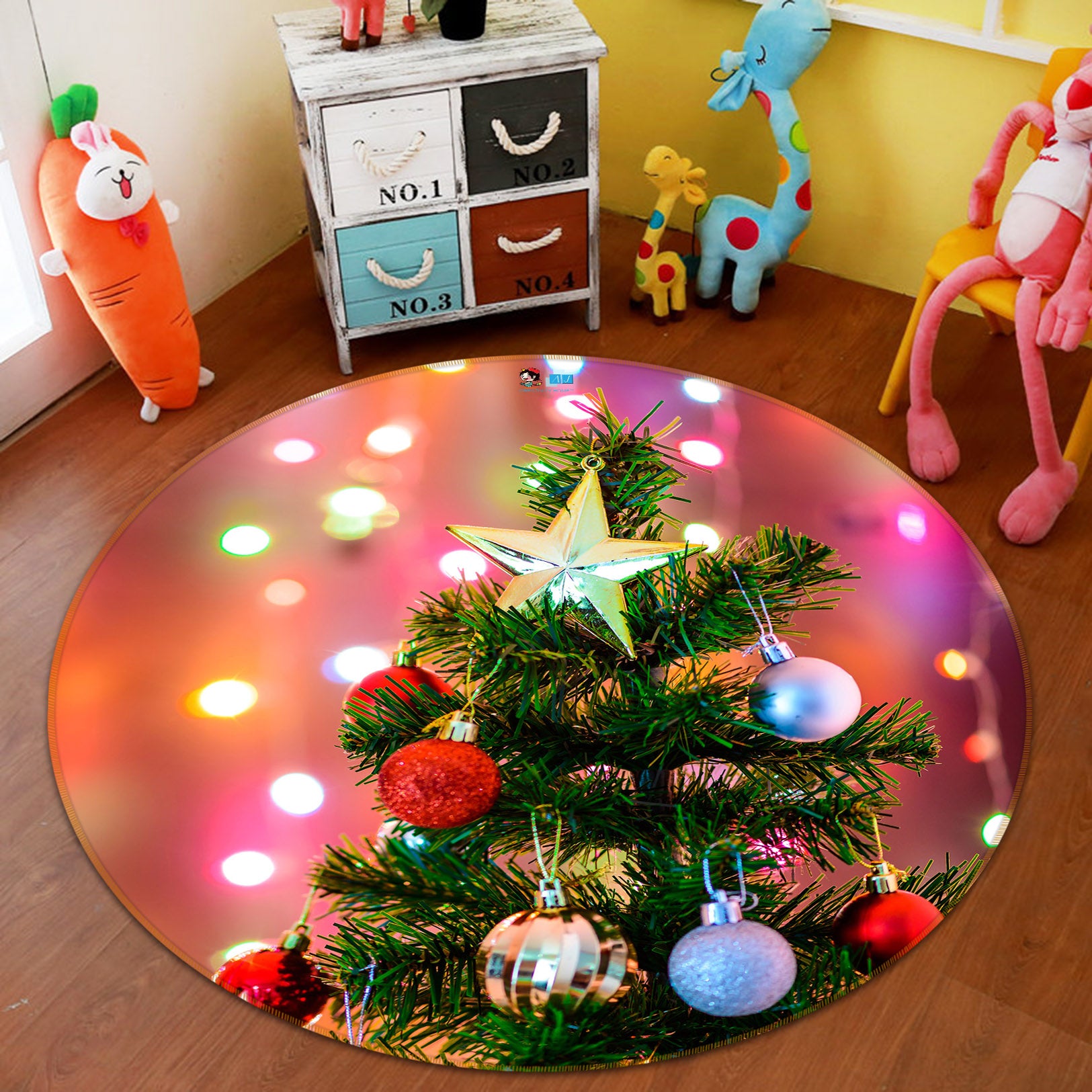 3D Red Blue Ball Tree 56085 Christmas Round Non Slip Rug Mat Xmas