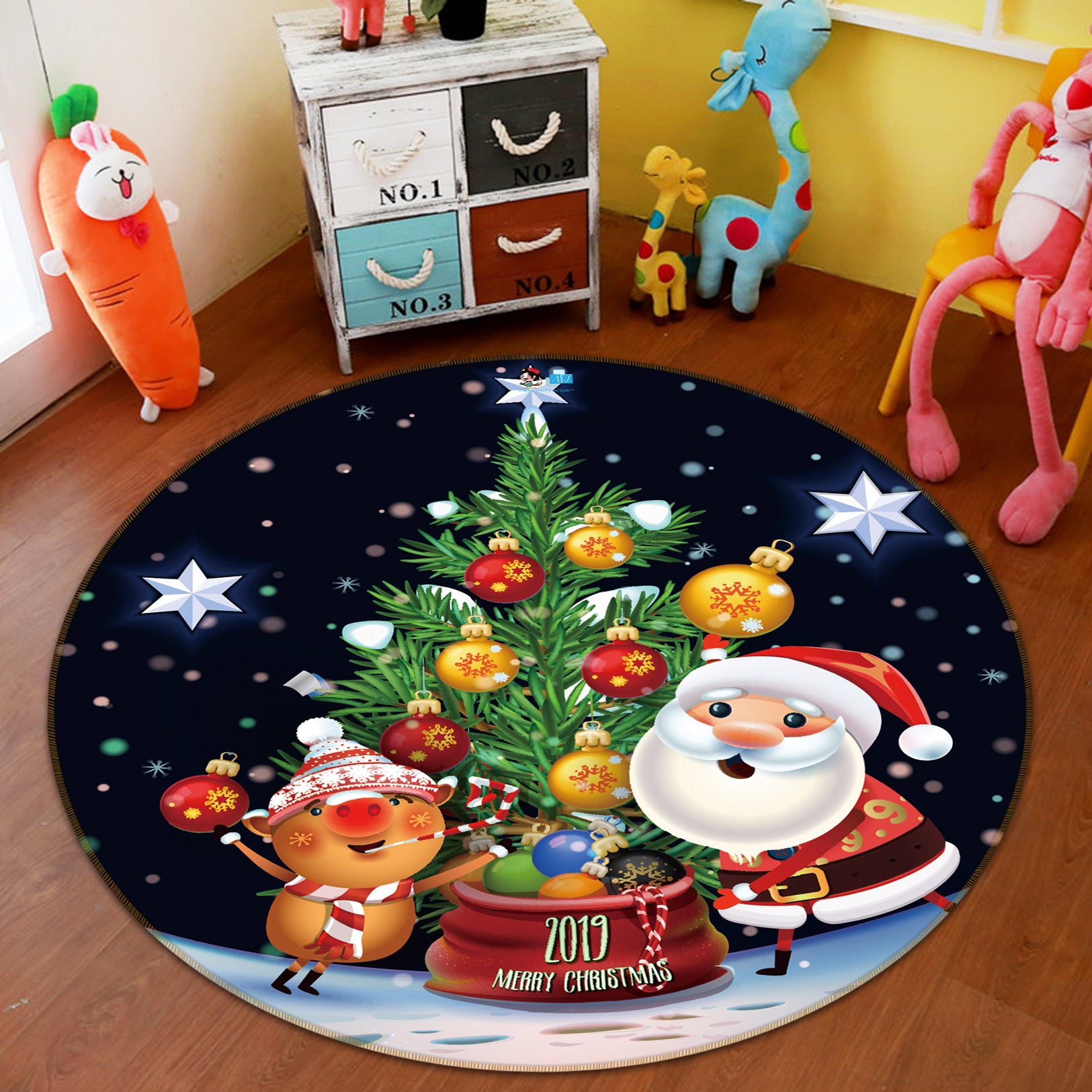 3D Santa Tree Deer 56068 Christmas Round Non Slip Rug Mat Xmas