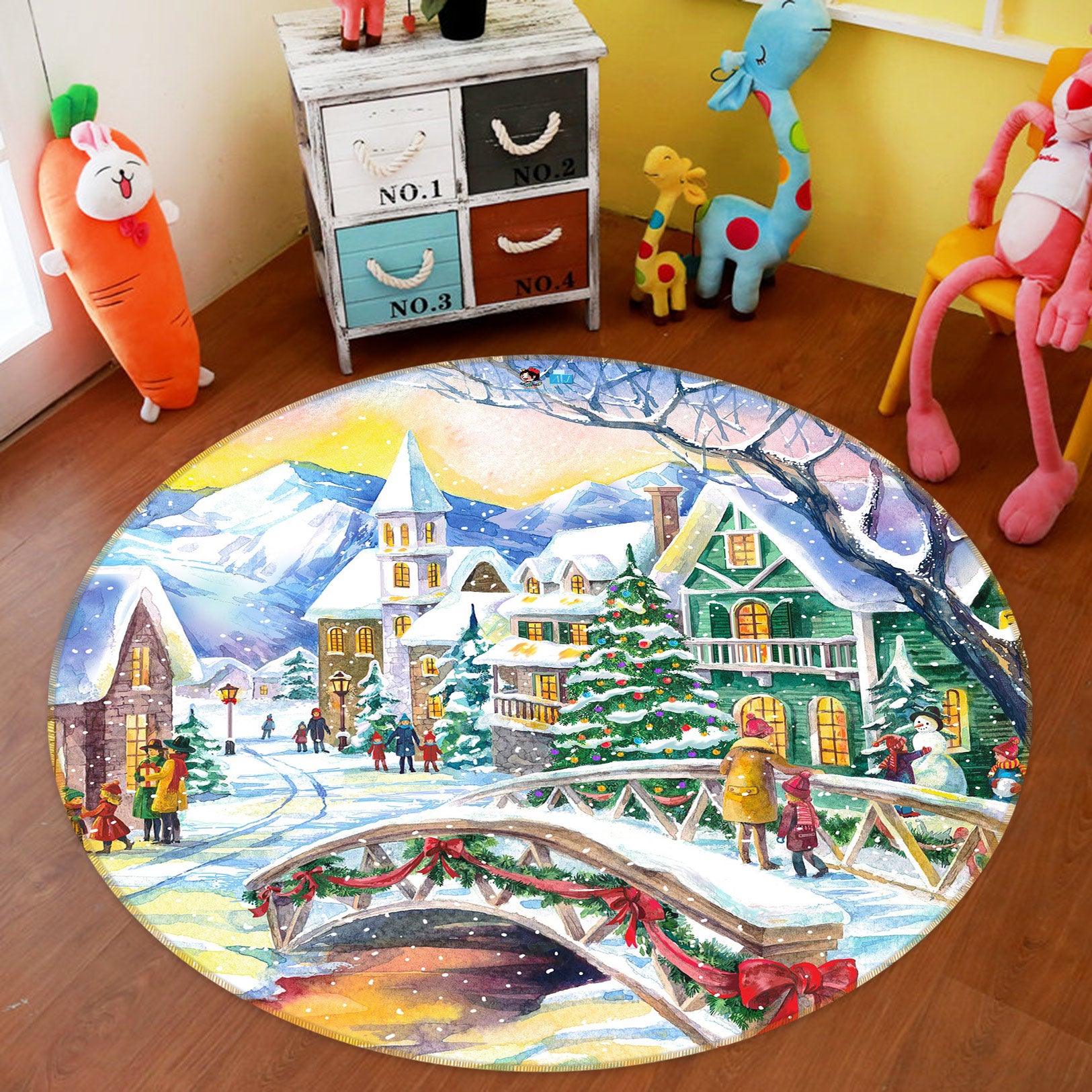3D Snow House Bridge 55239 Christmas Round Non Slip Rug Mat Xmas