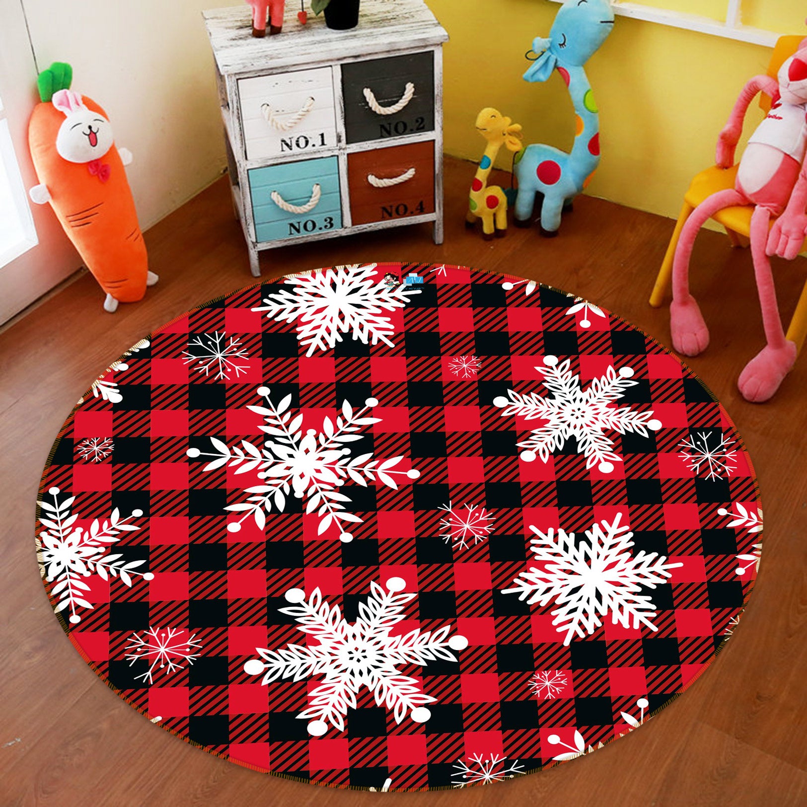 3D Snowflake Red Black Grid 55243 Christmas Round Non Slip Rug Mat Xmas