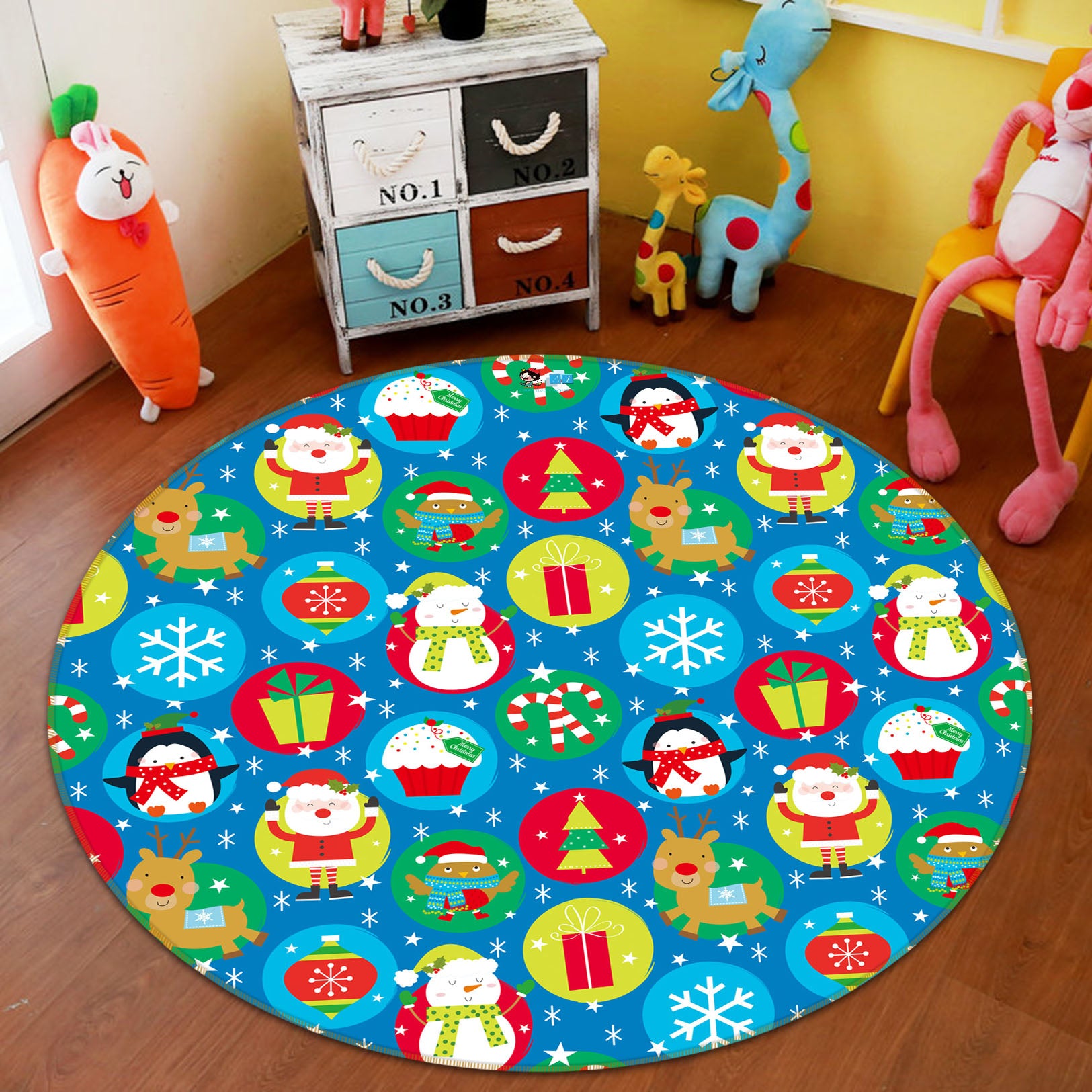 3D Santa Penguin Circle Pattern 56088 Christmas Round Non Slip Rug Mat Xmas