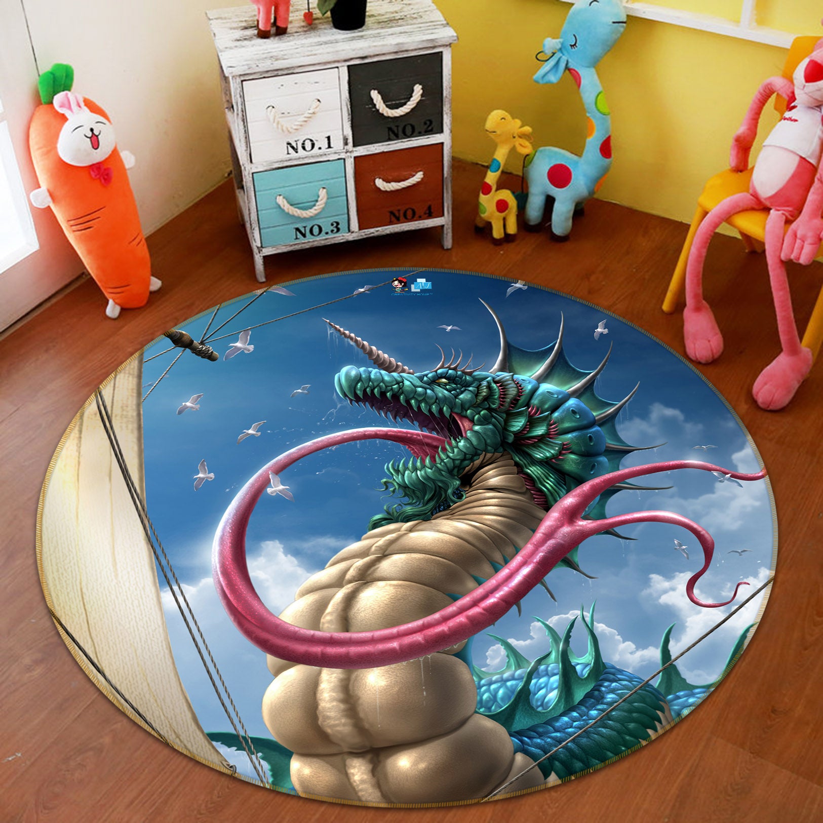 3D Long Tongue Dragon 4178 Tom Wood Rug Round Non Slip Rug Mat