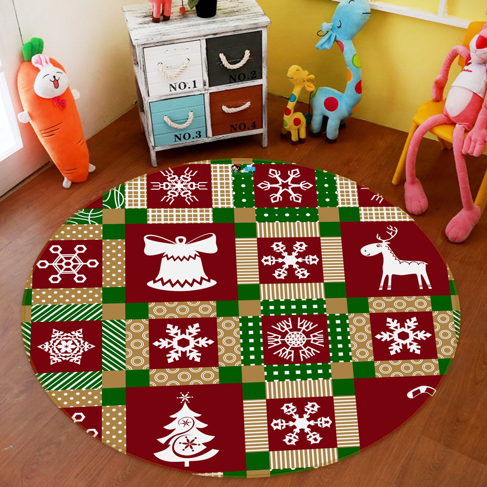 3D Tree Snowflake Red Lattice 55250 Christmas Round Non Slip Rug Mat Xmas
