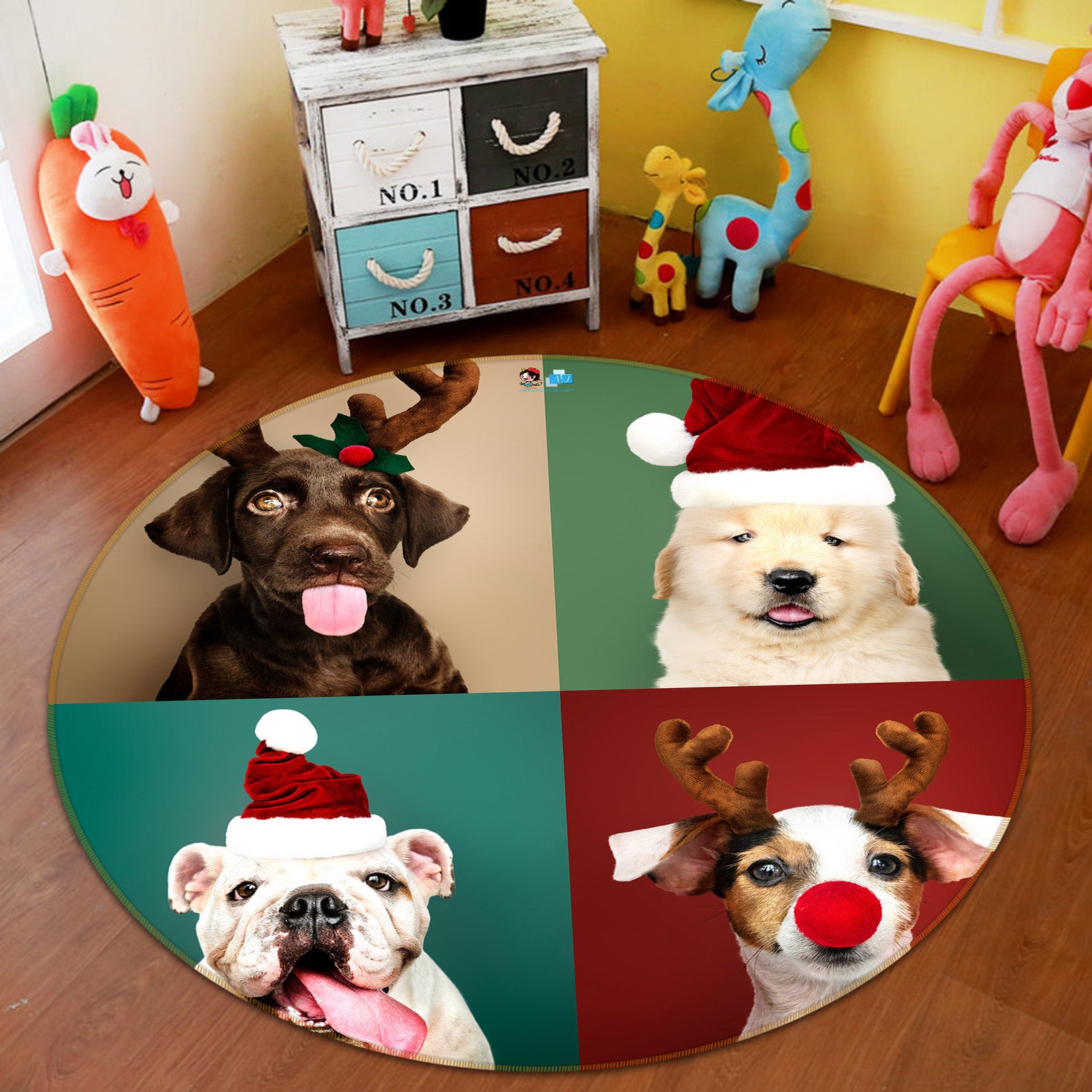 3D Dog 55268 Christmas Round Non Slip Rug Mat Xmas