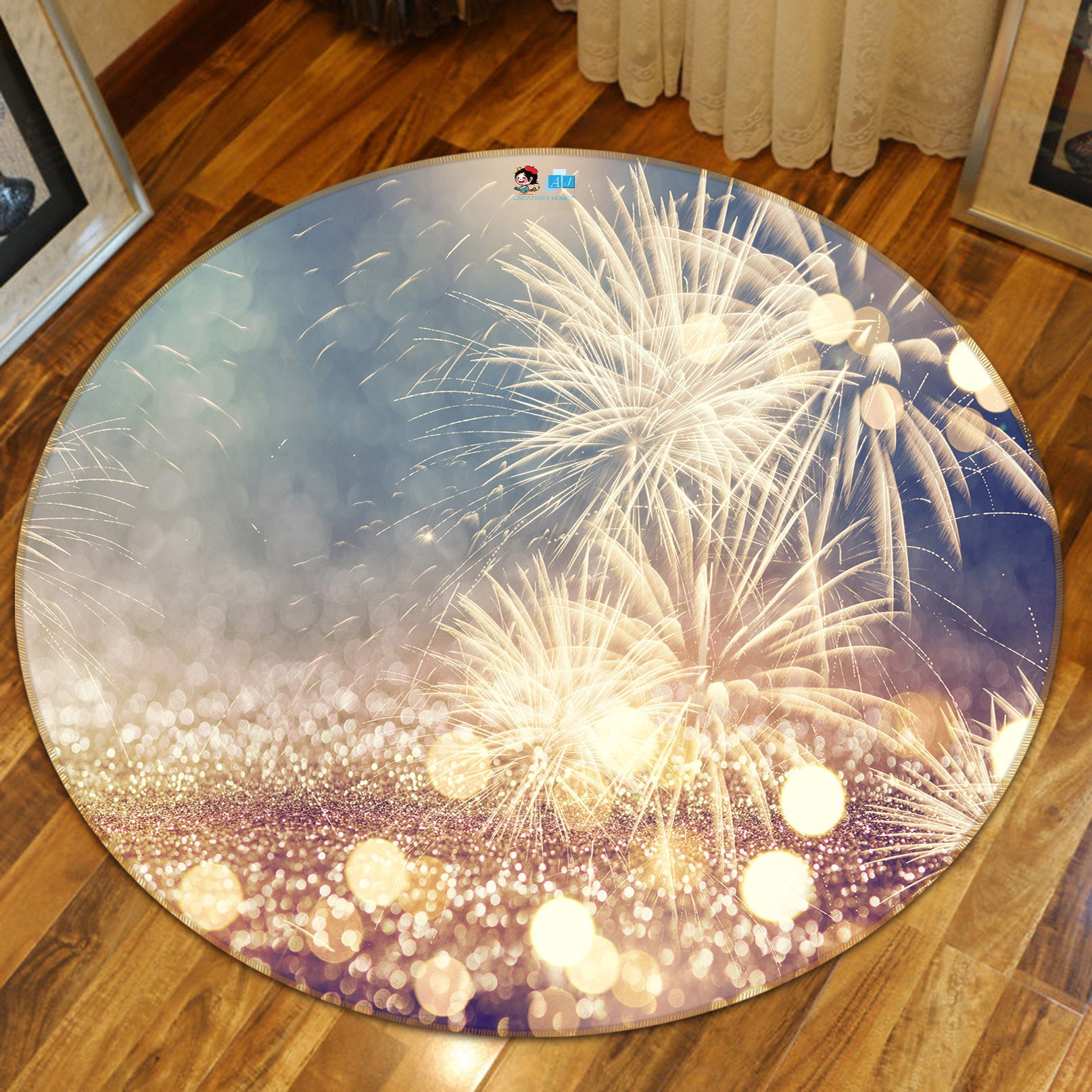 3D Firework Light 56049 Christmas Round Non Slip Rug Mat Xmas