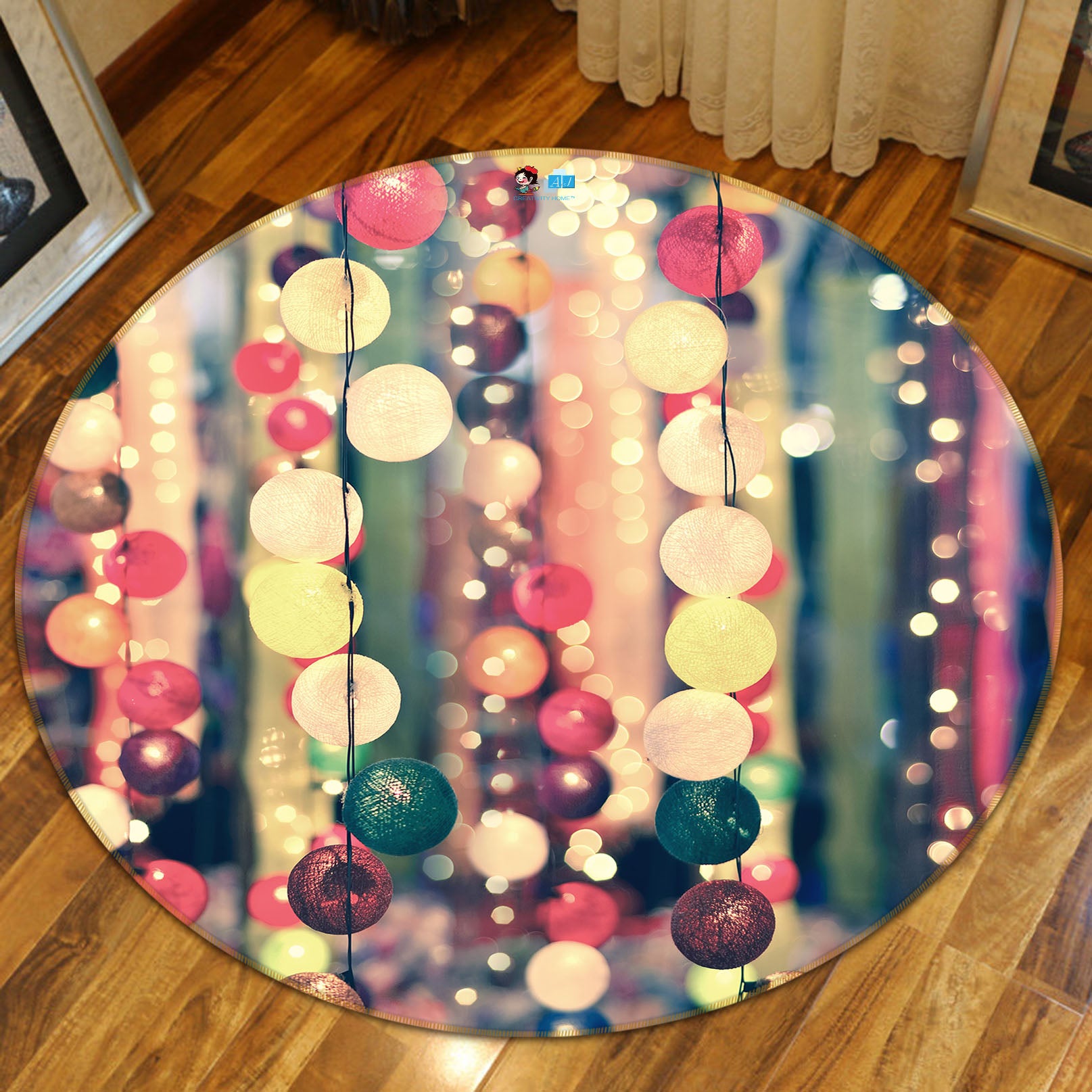 3D Colorful Ball String Lights 56019 Christmas Round Non Slip Rug Mat Xmas