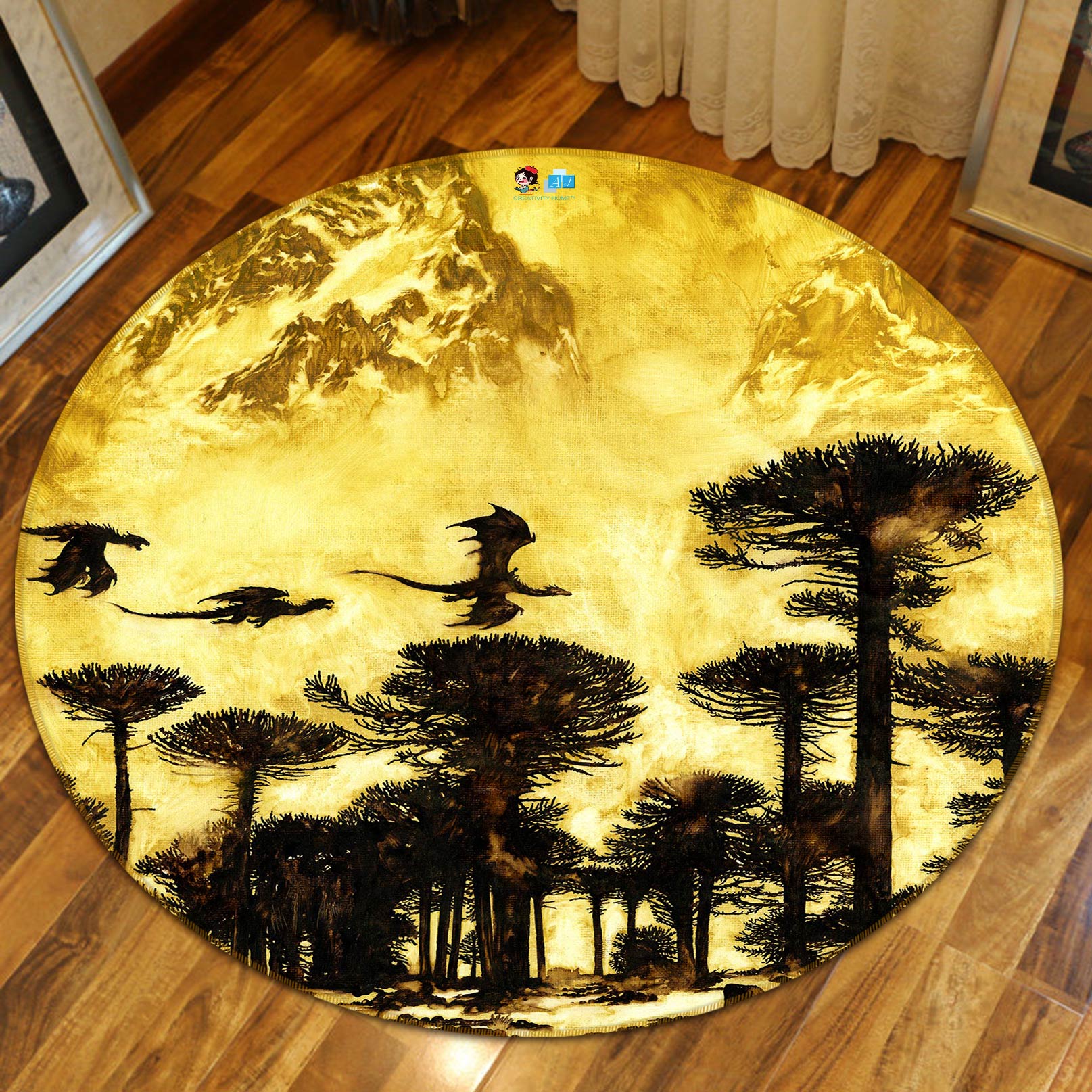 3D Tree Forest Dragon 6114 Ciruelo Rug Round Non Slip Rug Mat