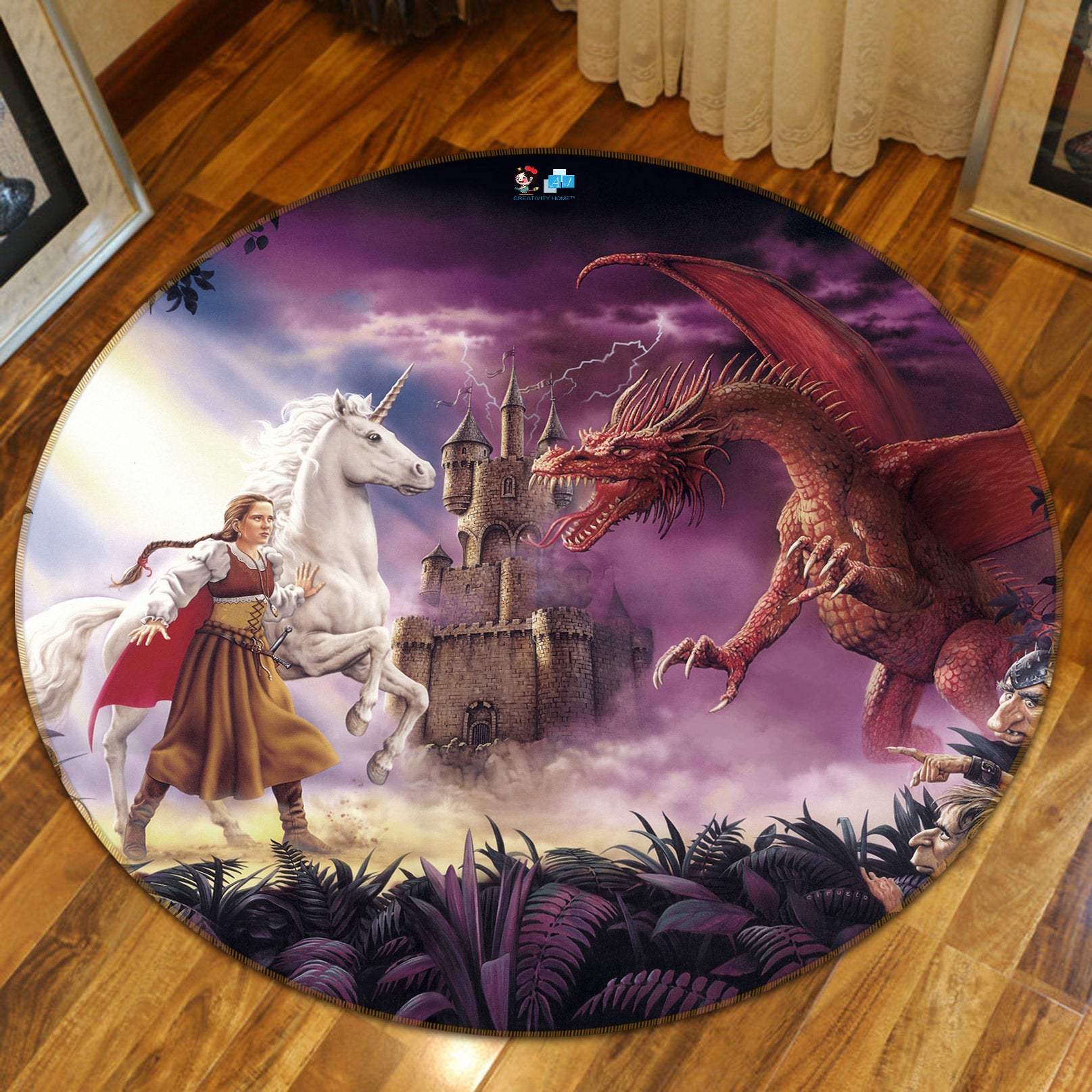 3D White Unicorn Red Dragon Castle 6073 Ciruelo Rug Round Non Slip Rug Mat