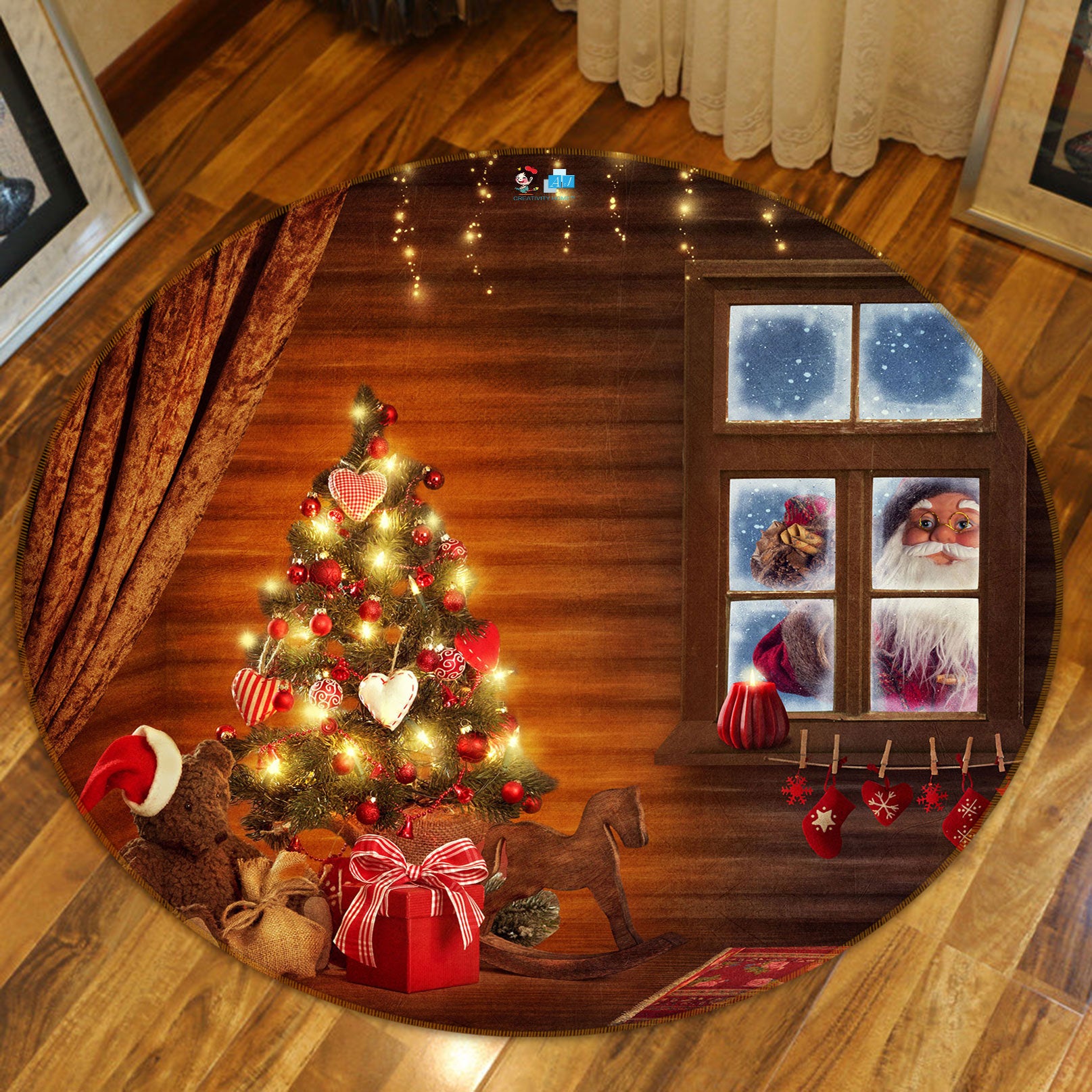 3D Tree Window Santa Claus 55167 Christmas Round Non Slip Rug Mat Xmas
