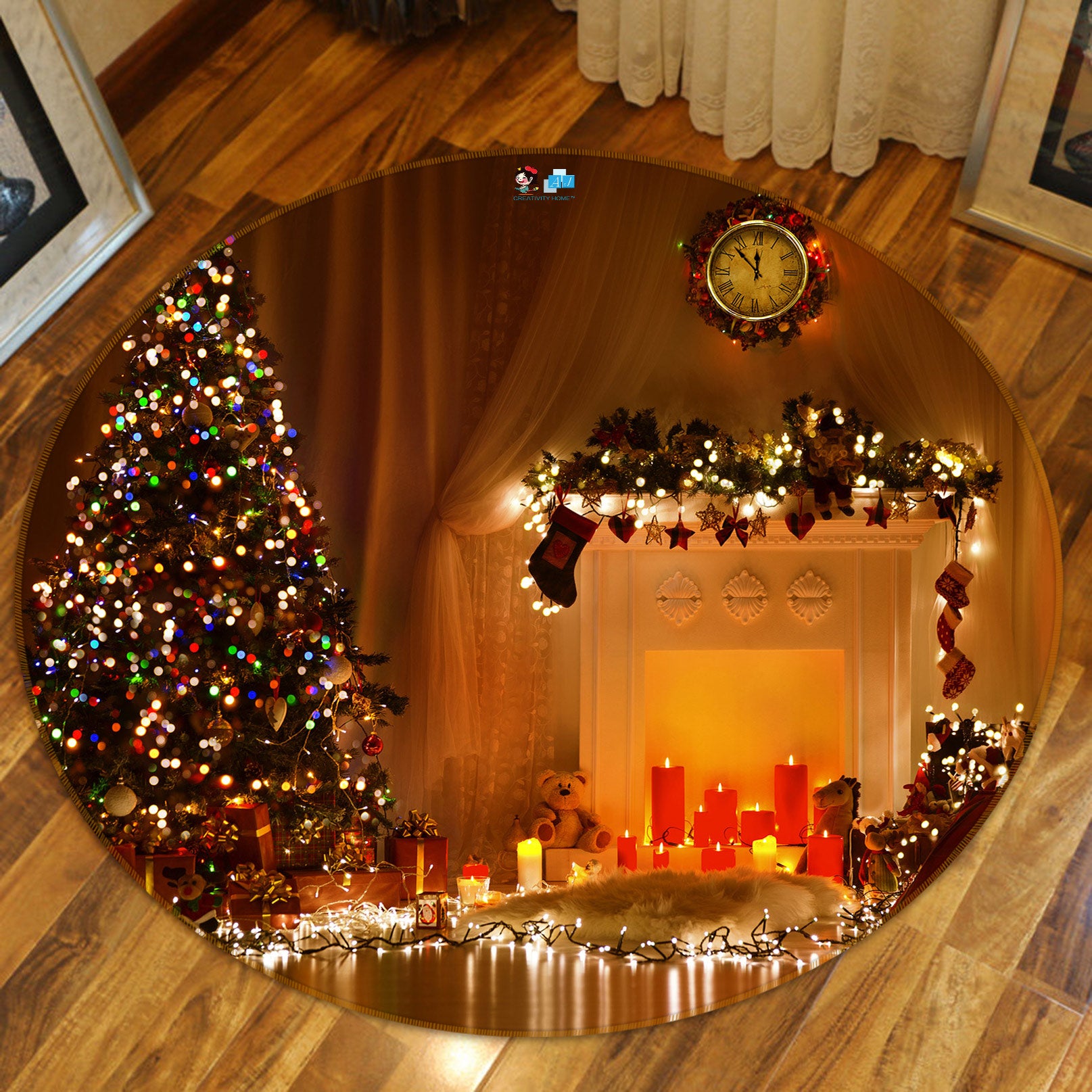 3D Tree String Lights 55175 Christmas Round Non Slip Rug Mat Xmas