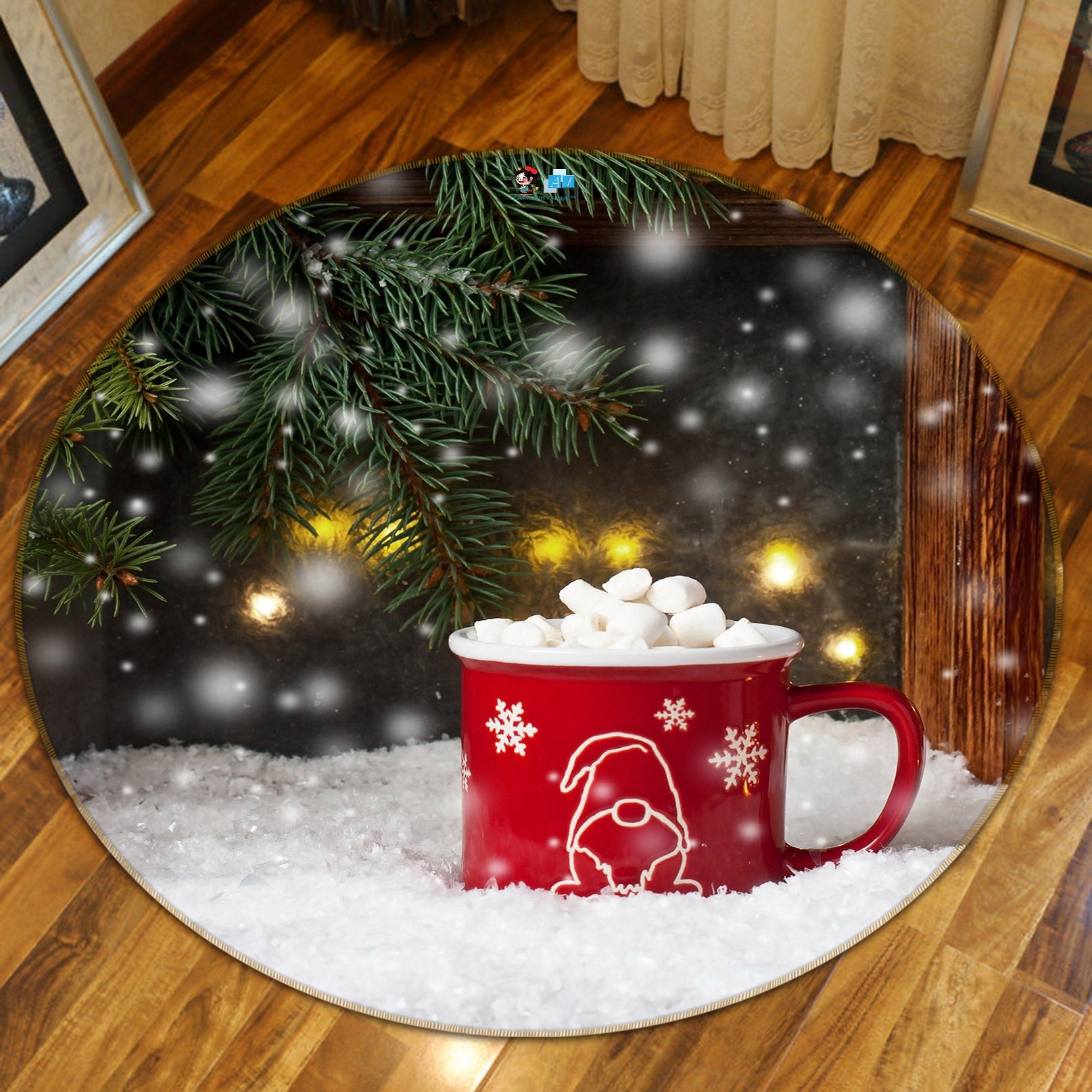 3D Snow Red Water Glass 56096 Christmas Round Non Slip Rug Mat Xmas