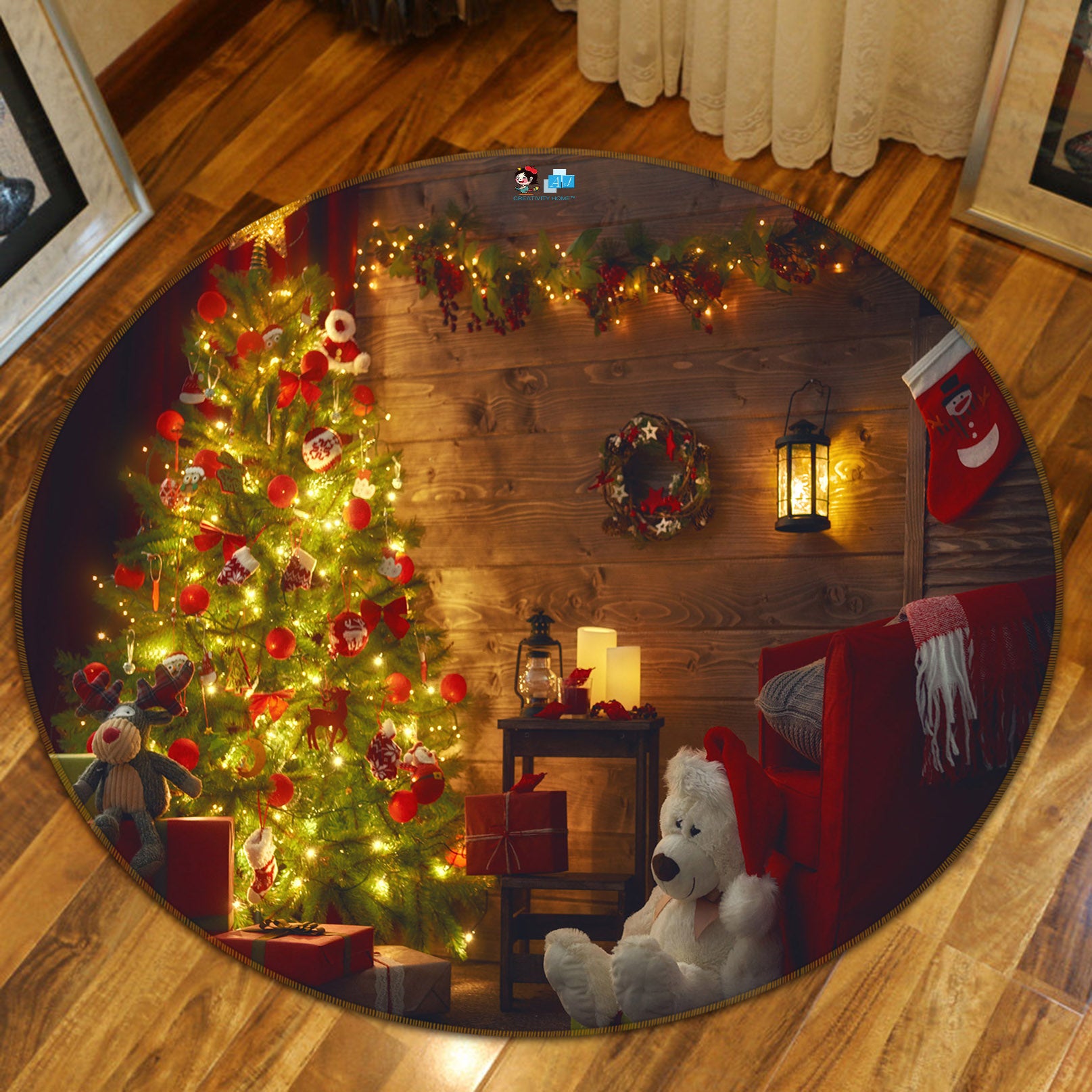 3D Tree Bear Doll 56041 Christmas Round Non Slip Rug Mat Xmas