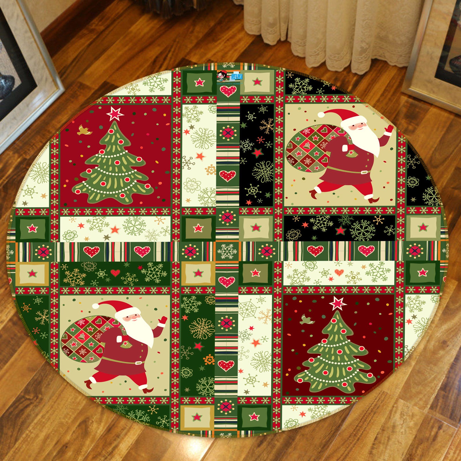 3D Santa Tree Lattice 55205 Christmas Round Non Slip Rug Mat Xmas