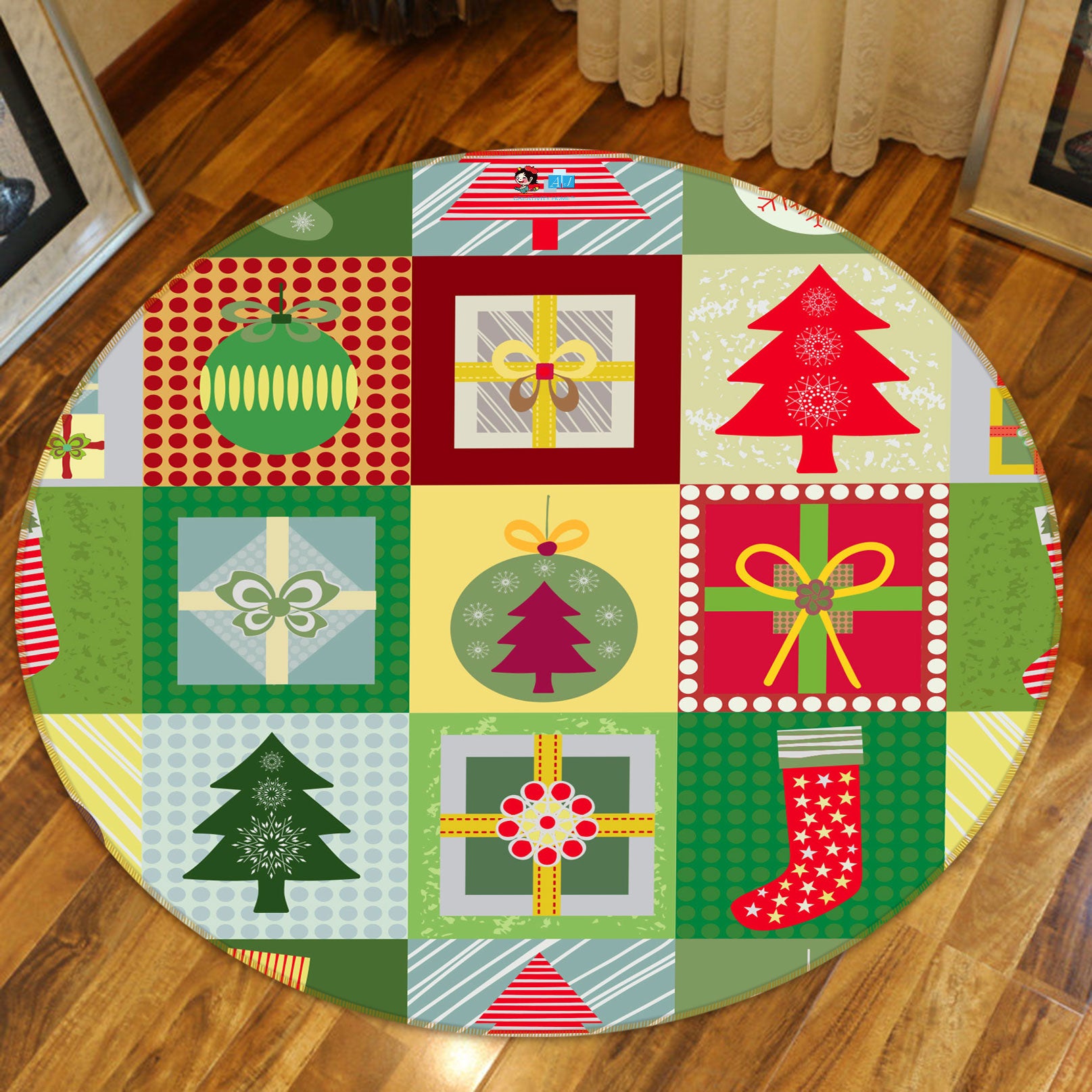 3D Tree Square Pattern 55231 Christmas Round Non Slip Rug Mat Xmas
