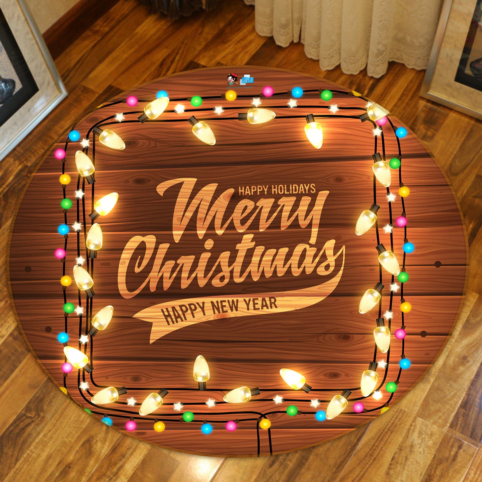 3D String Lights 55182 Christmas Round Non Slip Rug Mat Xmas