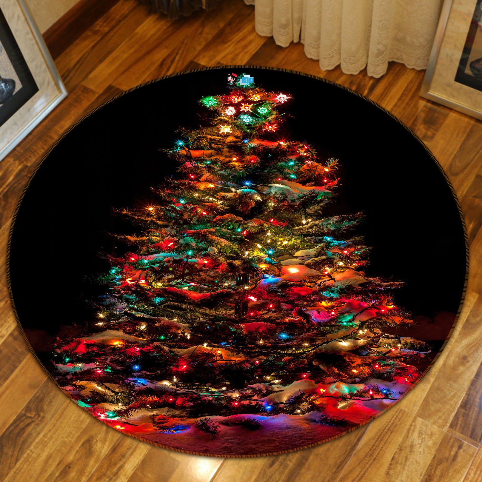 3D Tree Colored Lights 56020 Christmas Round Non Slip Rug Mat Xmas