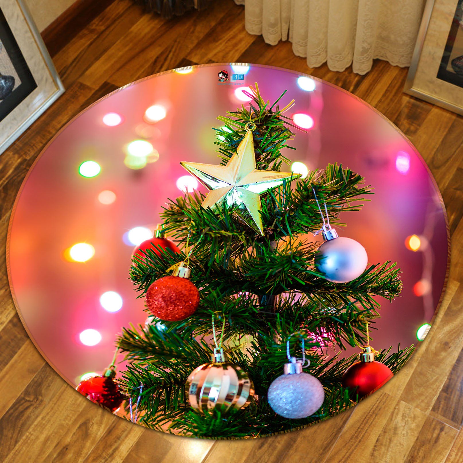 3D Red Blue Ball Tree 56085 Christmas Round Non Slip Rug Mat Xmas