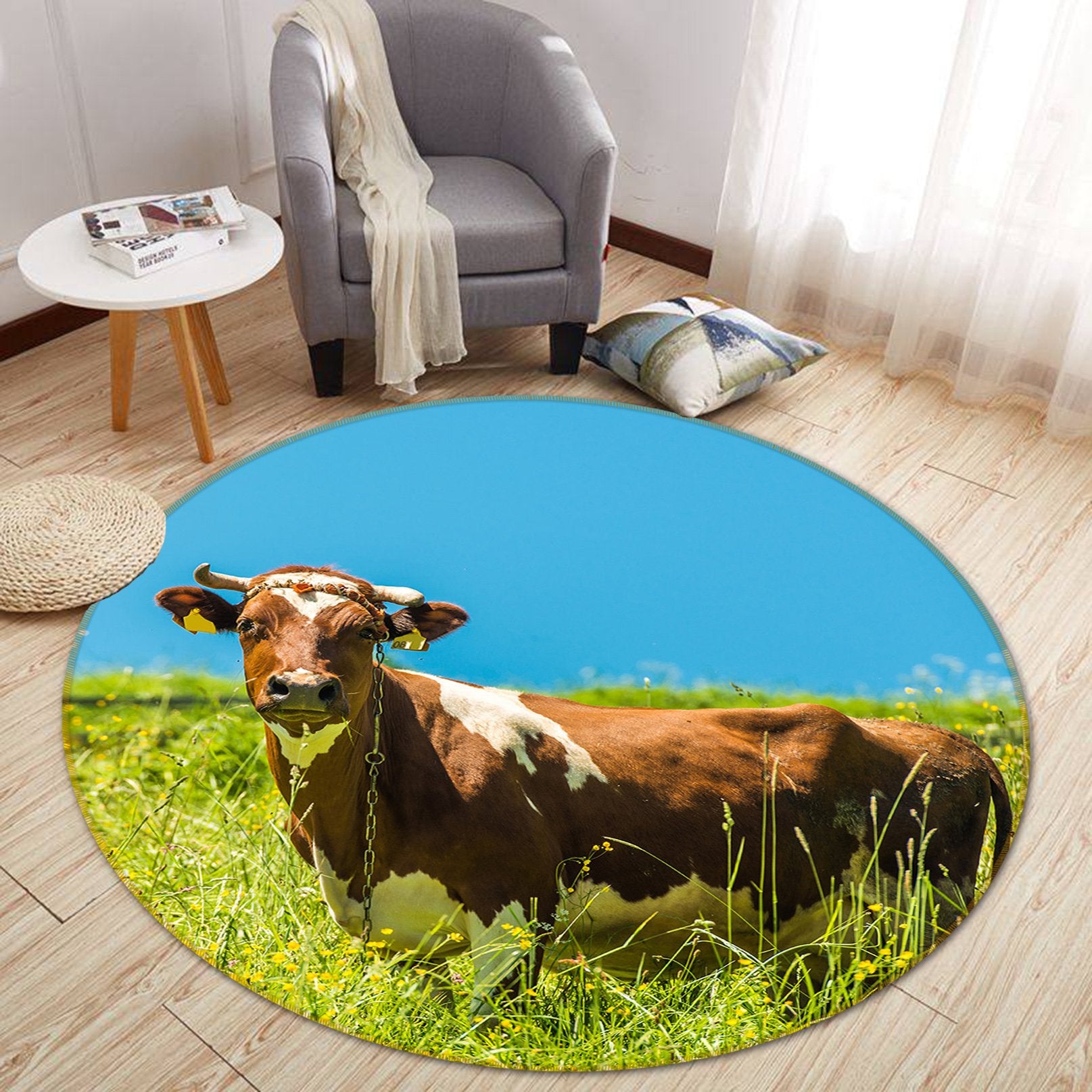 3D Prairie Cow 001 Animal Round Non Slip Rug Mat Mat AJ Creativity Home