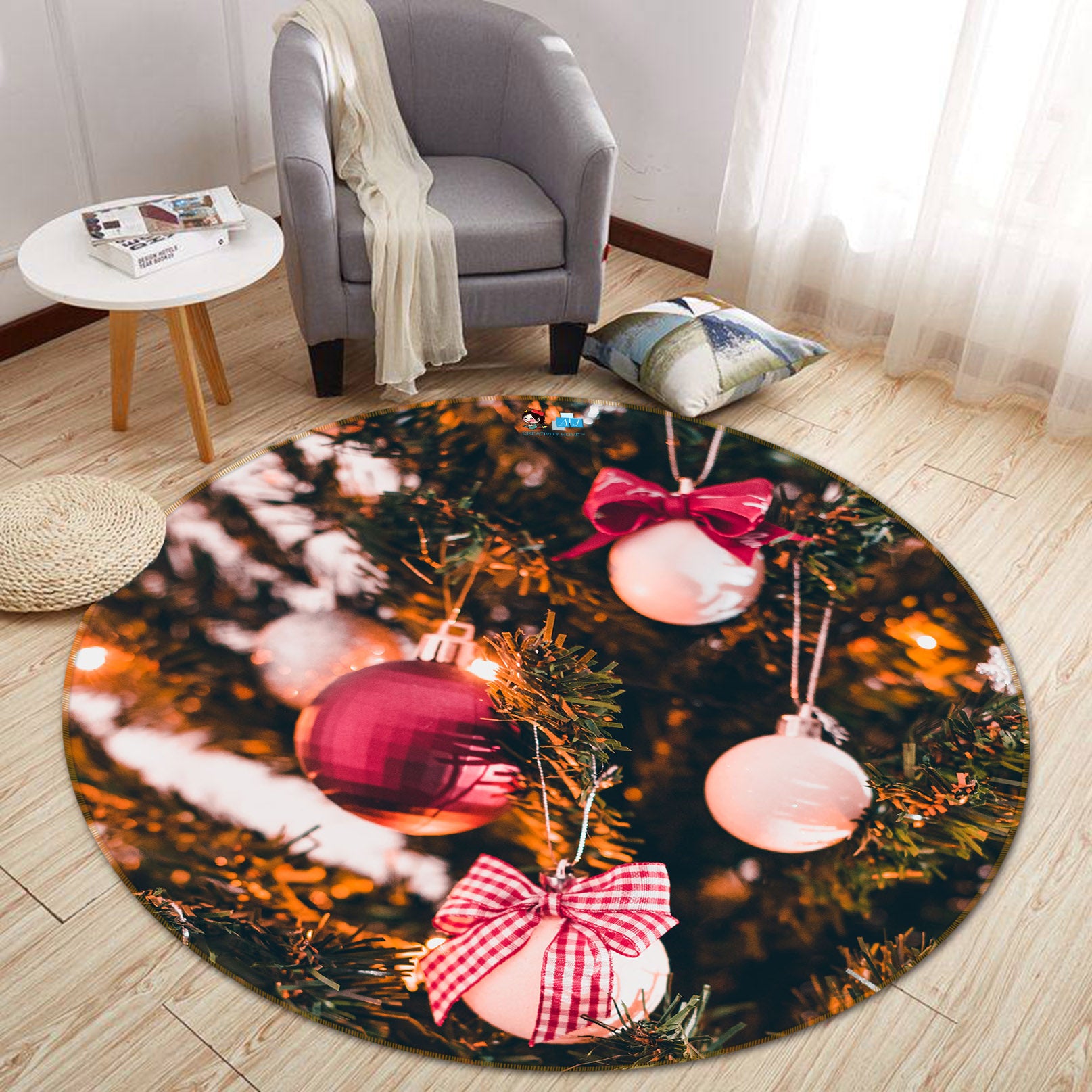 3D Red Ball Pendant 56083 Christmas Round Non Slip Rug Mat Xmas