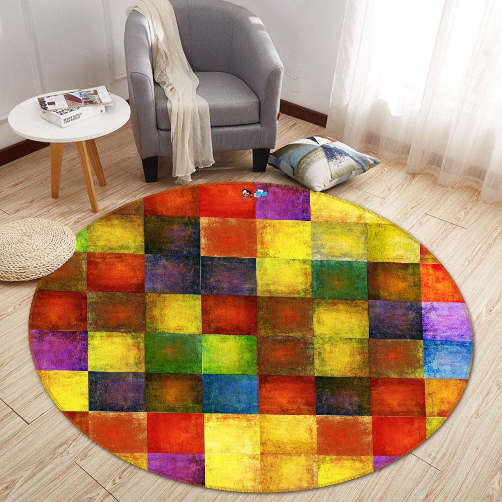 3D Colorful Square Grids 102 Round Non Slip Rug Mat Mat AJ Creativity Home