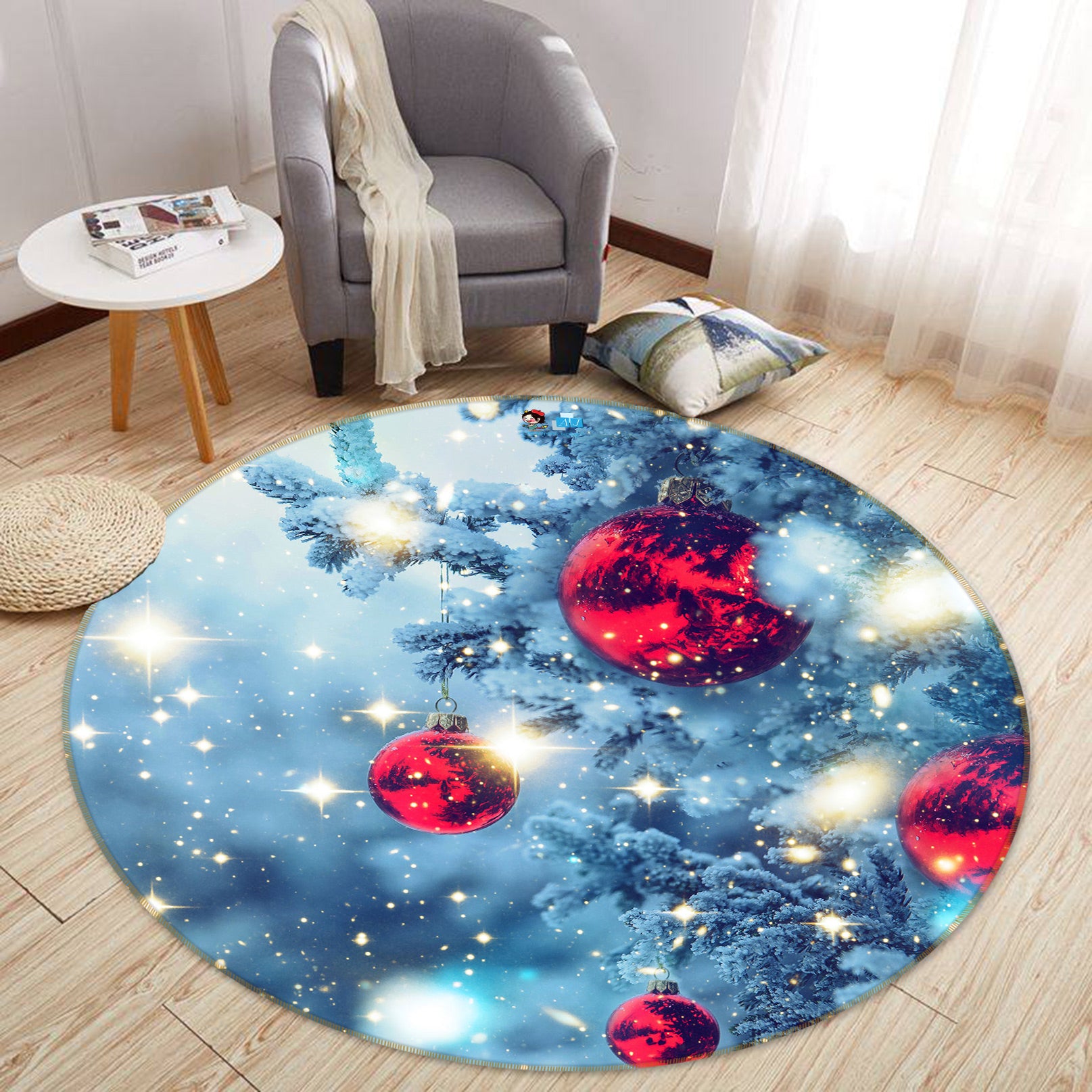 3D Snow Red Ball 55225 Christmas Round Non Slip Rug Mat Xmas