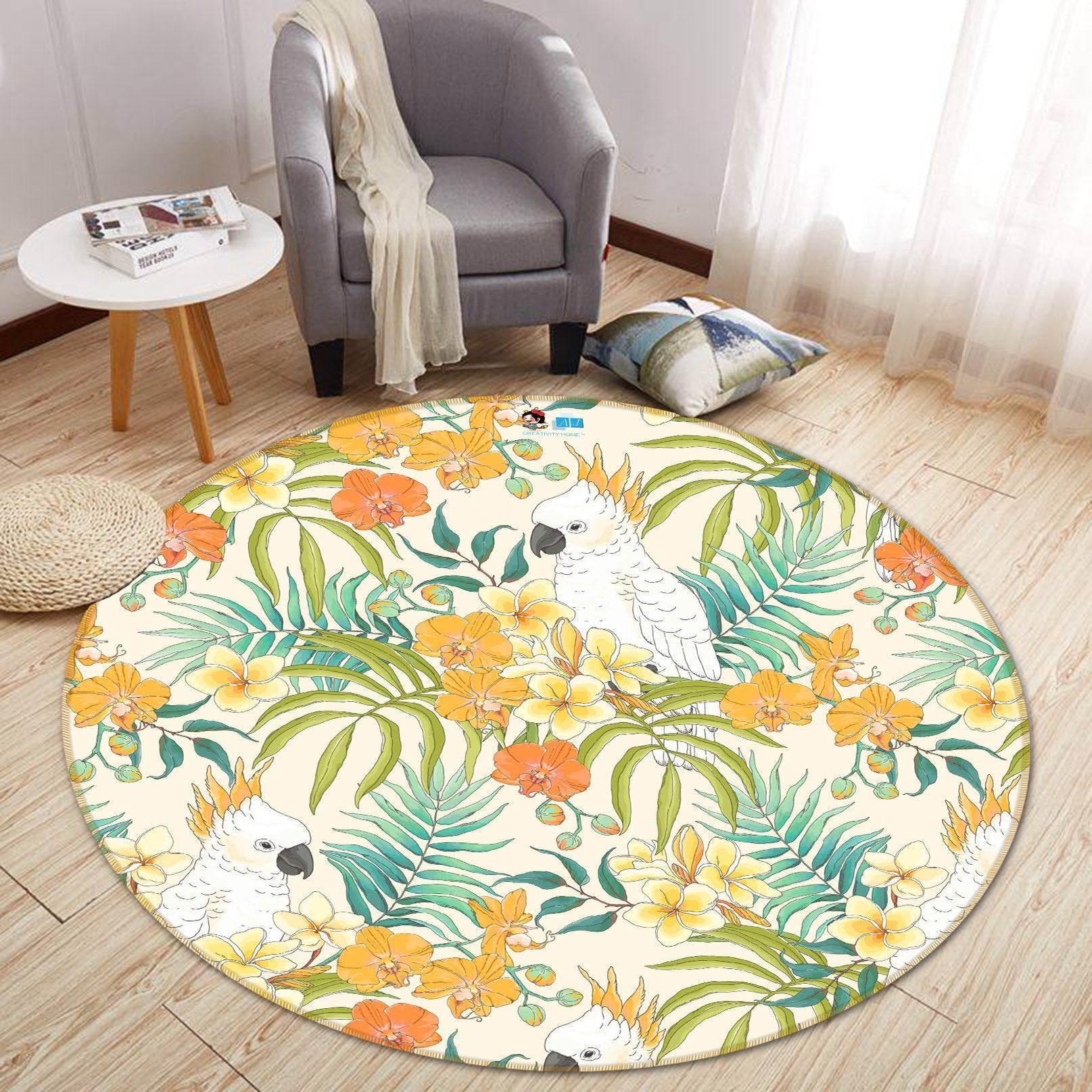 3D White Parrot Flower 313 Round Non Slip Rug Mat Mat AJ Creativity Home