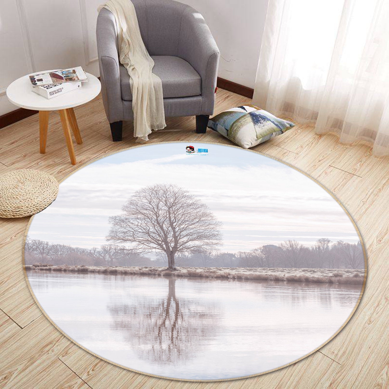 3D Grey Tree 7338 Assaf Frank Rug Round Non Slip Rug Mat