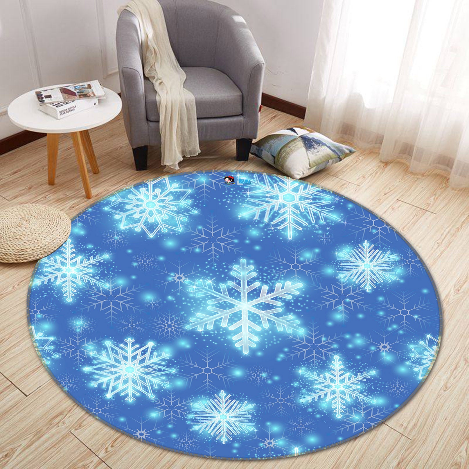 3D Blue Snowflakes 55269 Christmas Round Non Slip Rug Mat Xmas