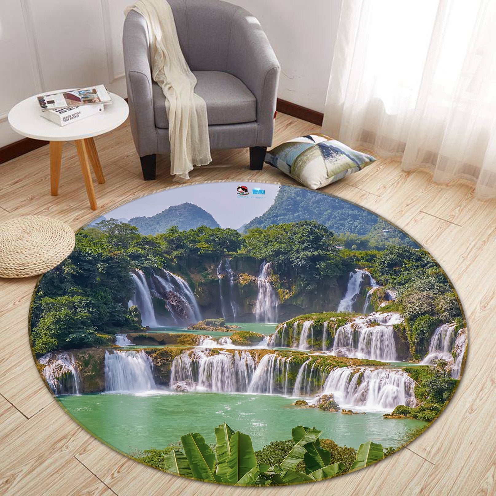 3D Waterfall Lake 180 Round Non Slip Rug Mat Mat AJ Creativity Home