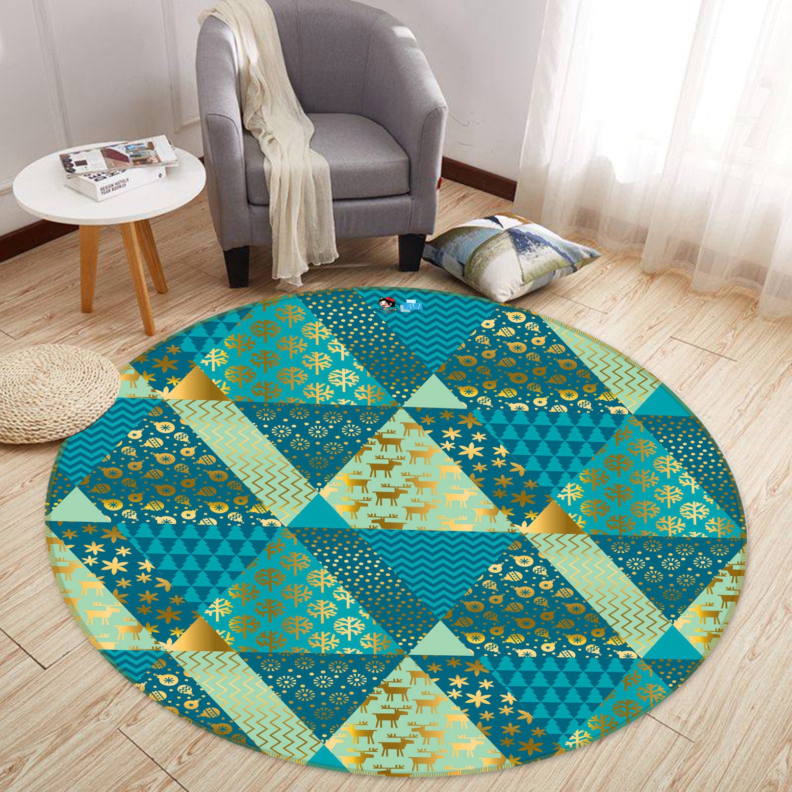 3D Green Triangle 55221 Christmas Round Non Slip Rug Mat Xmas