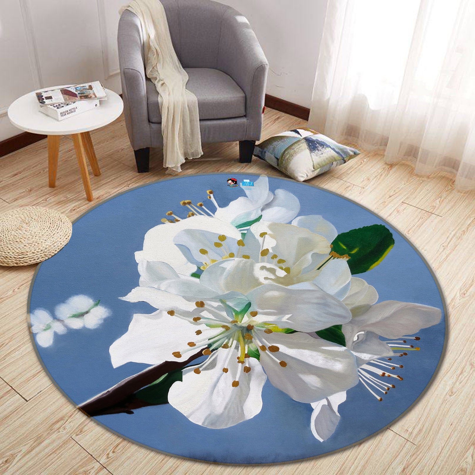 3D White Flowers 11099 Matthew Holden Bates Rug Round Non Slip Rug Mat