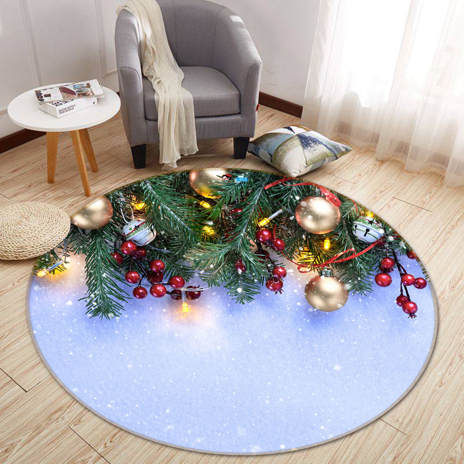 3D Branches 56059 Christmas Round Non Slip Rug Mat Xmas