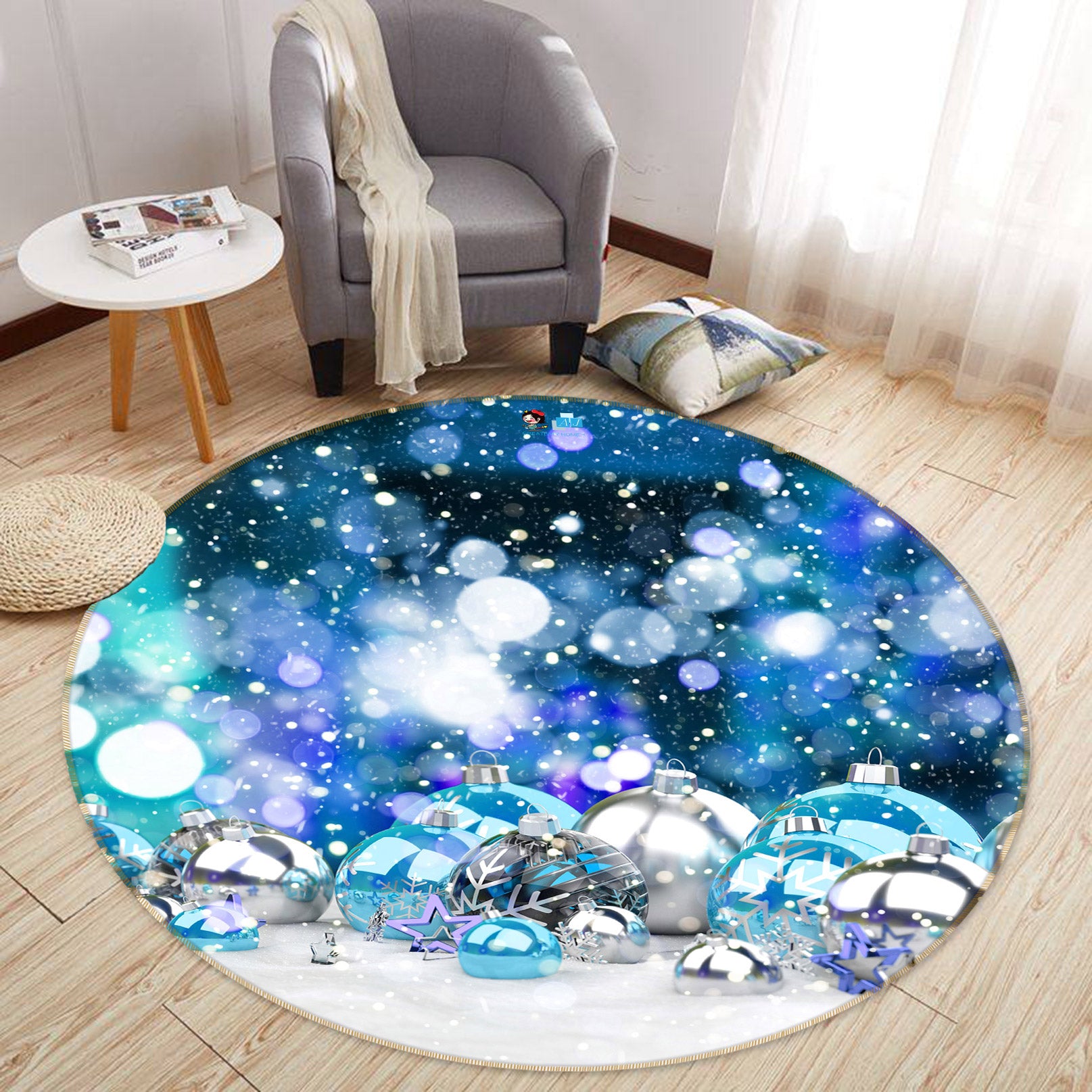 3D Silver Blue Ball 55204 Christmas Round Non Slip Rug Mat Xmas