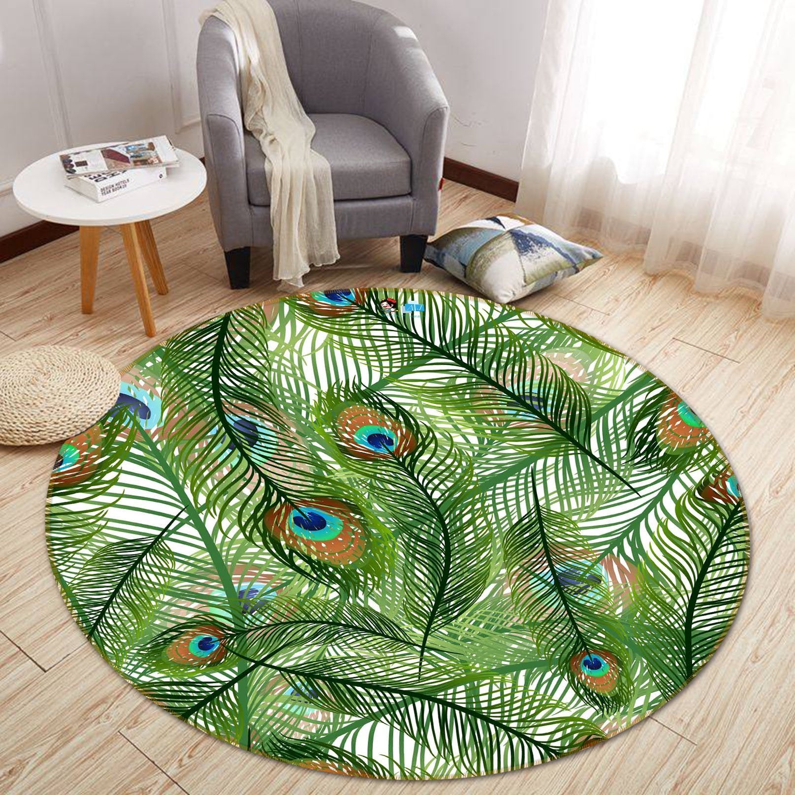 3D Peacock Feather 245 Round Non Slip Rug Mat Mat AJ Creativity Home