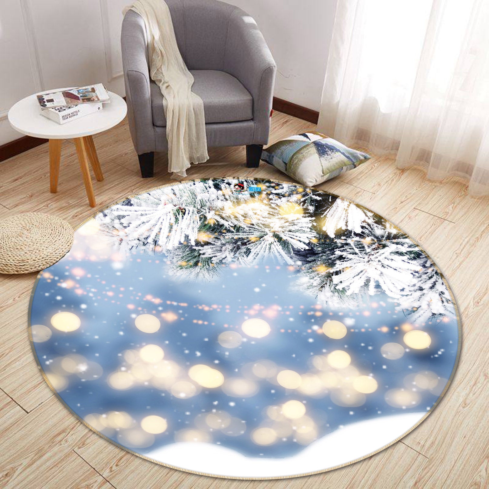 3D Snow Branches Aperture 56090 Christmas Round Non Slip Rug Mat Xmas