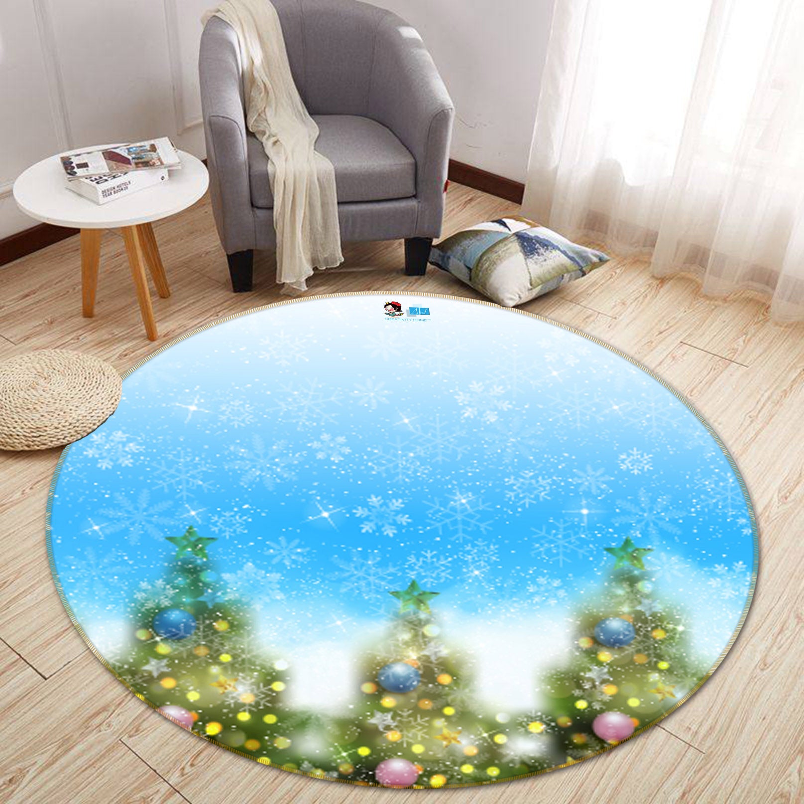 3D Tree Snowflake 56066 Christmas Round Non Slip Rug Mat Xmas