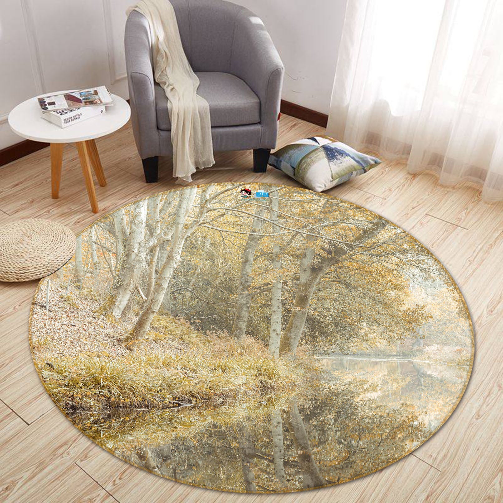 3D Riverside Trees 7356 Assaf Frank Rug Round Non Slip Rug Mat