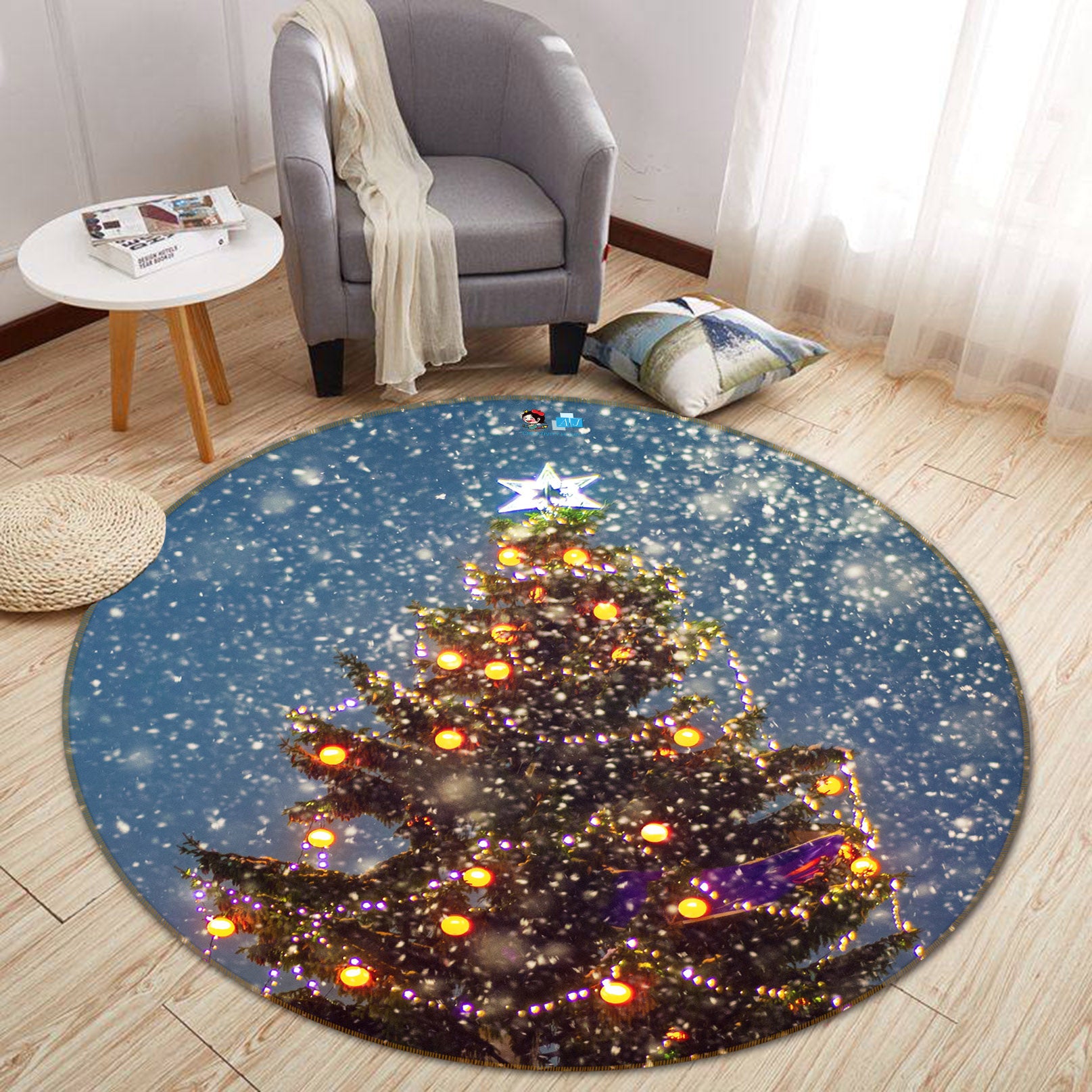 3D Snowing Tree 56071 Christmas Round Non Slip Rug Mat Xmas