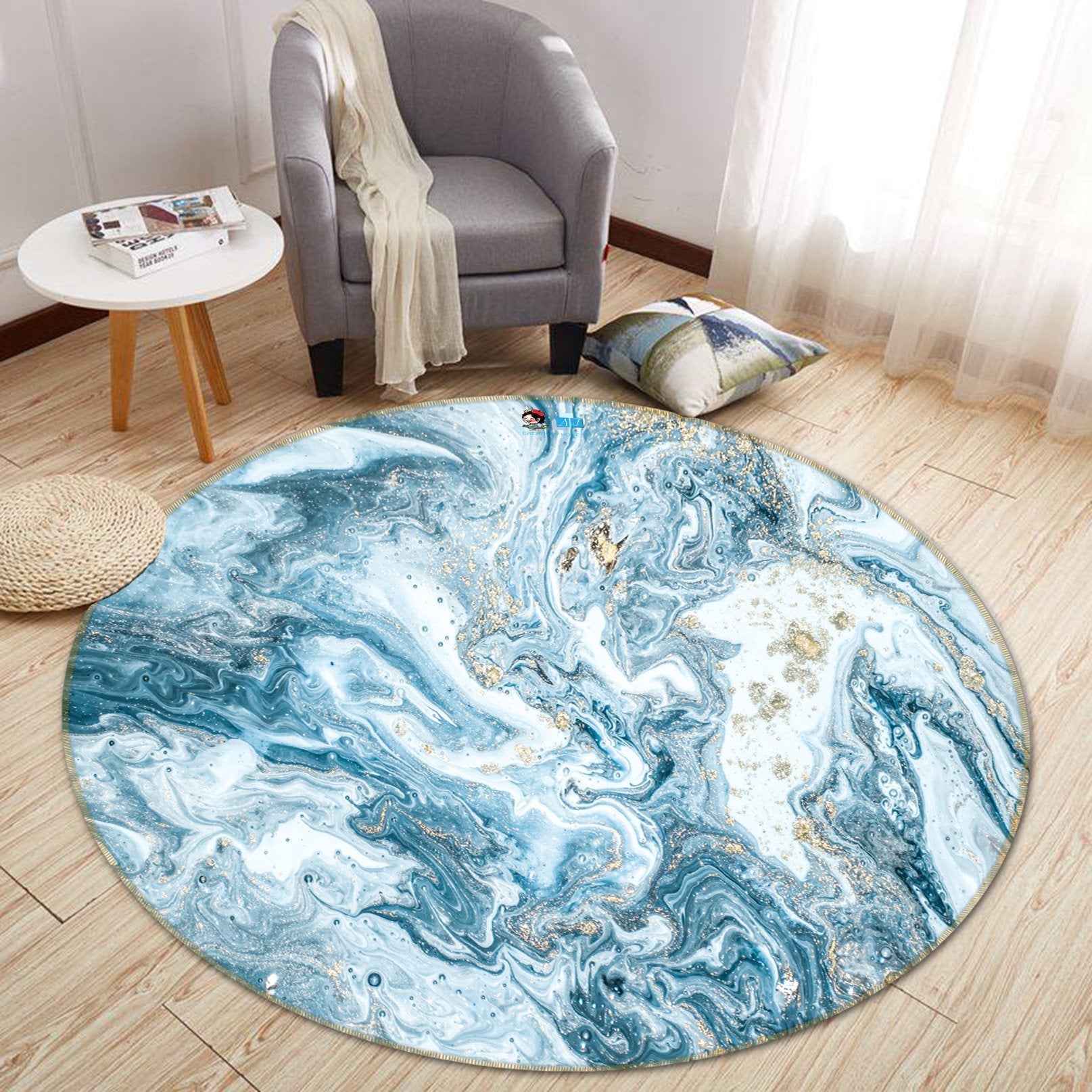 3D Light Blue Wave 150 Round Non Slip Rug Mat Mat AJ Creativity Home