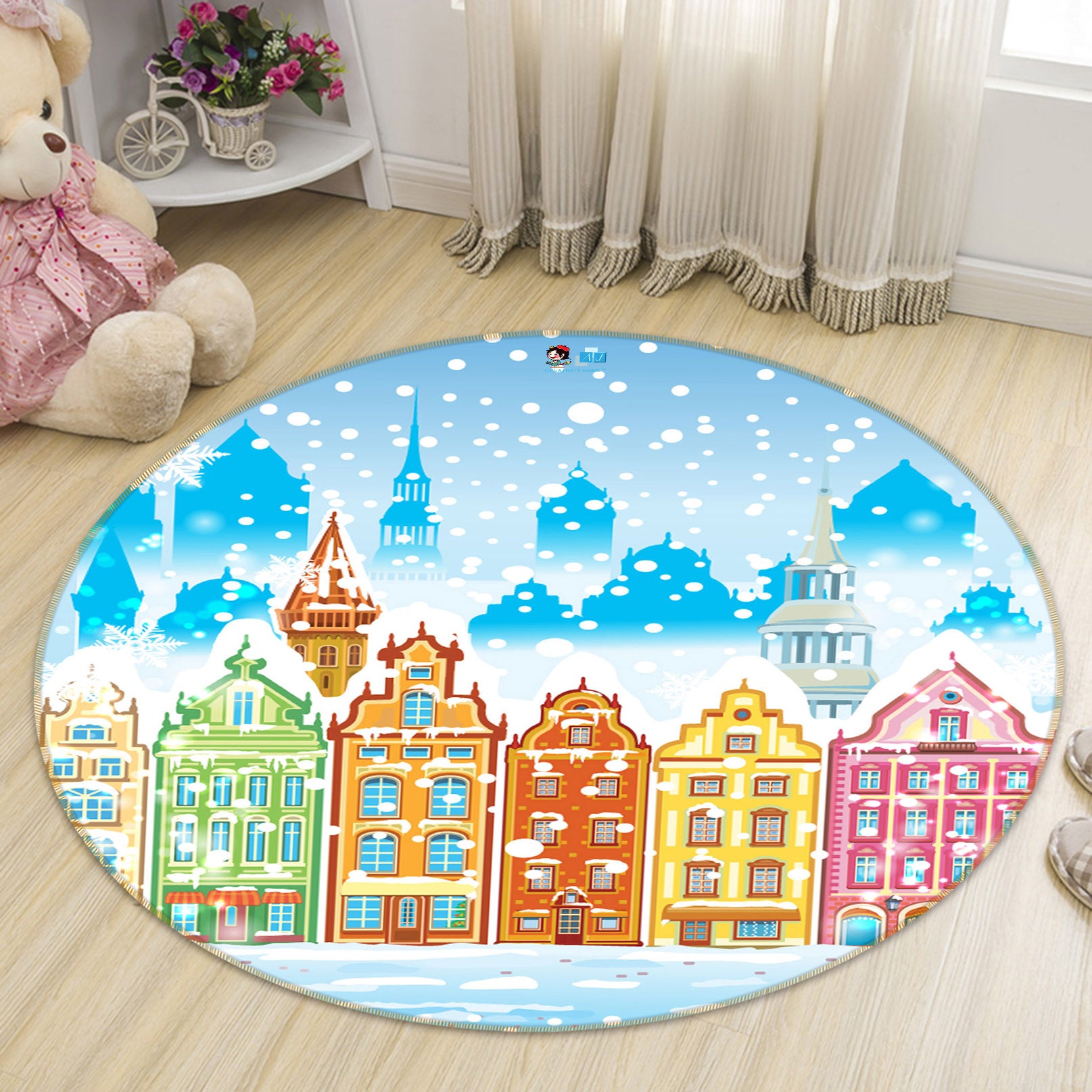 3D Snow Colorful Houses 56027 Christmas Round Non Slip Rug Mat Xmas