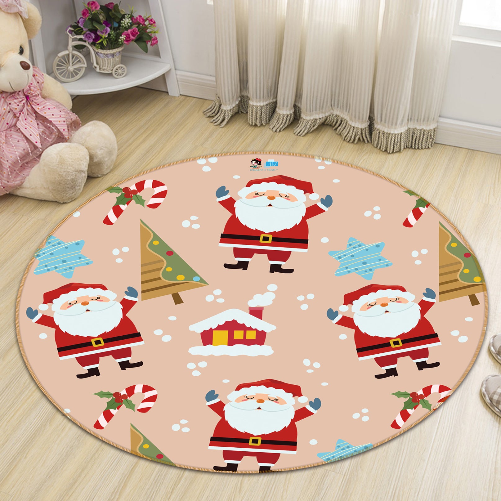 3D Little Santa 56080 Christmas Round Non Slip Rug Mat Xmas