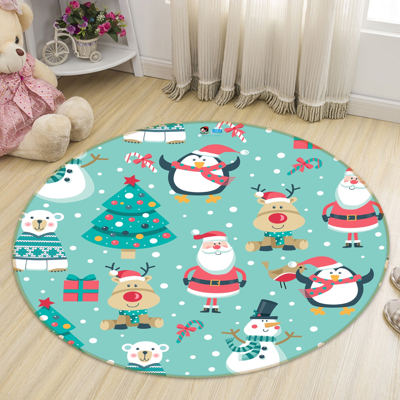 3D Santa Tree 55227 Christmas Round Non Slip Rug Mat Xmas