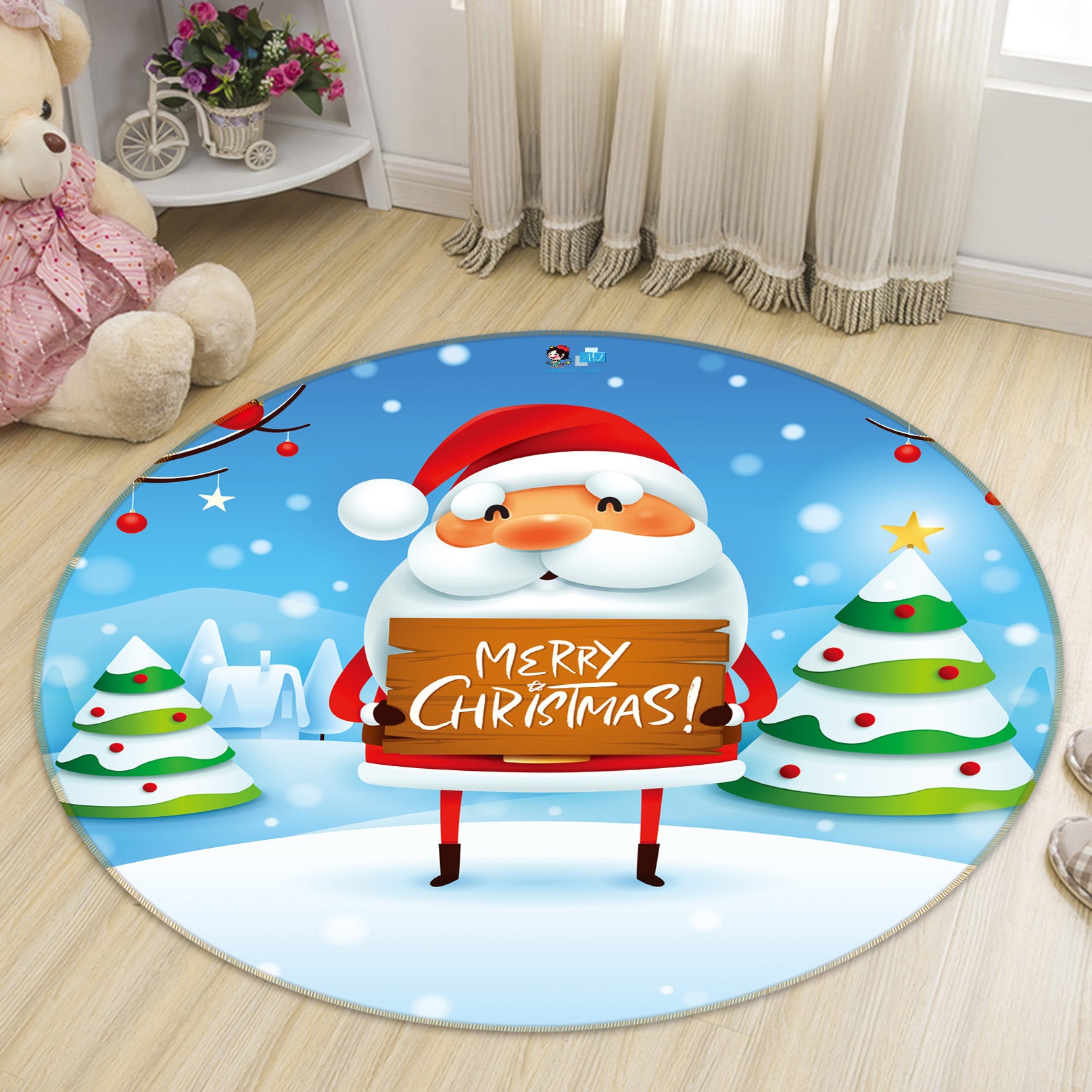 3D Santa Snow Tree 56073 Christmas Round Non Slip Rug Mat Xmas