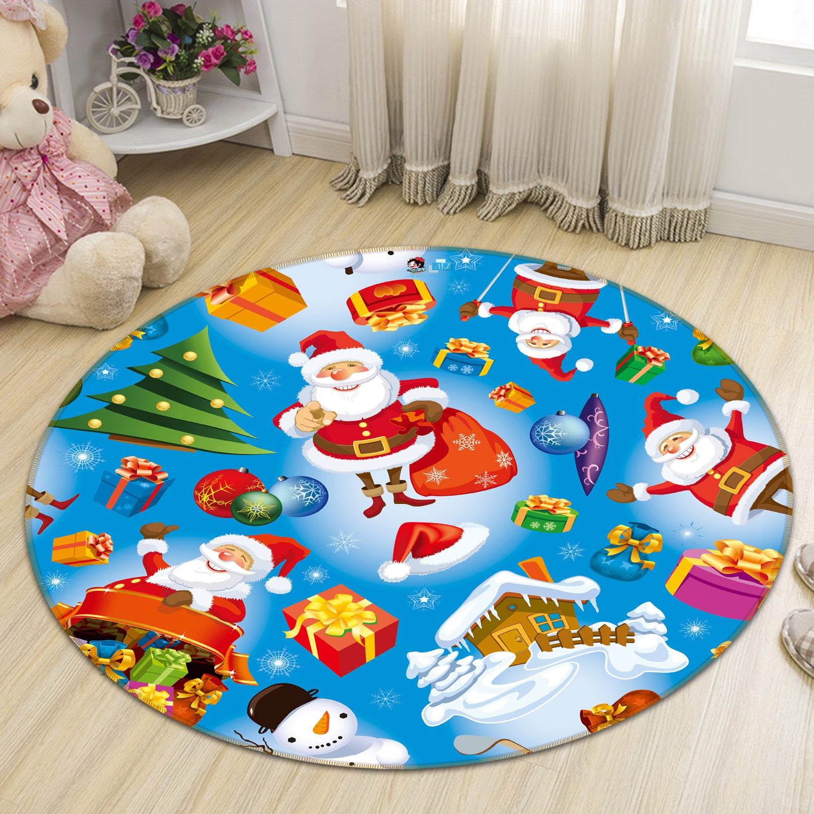 3D Santa Claus Pattern 56022 Christmas Round Non Slip Rug Mat Xmas