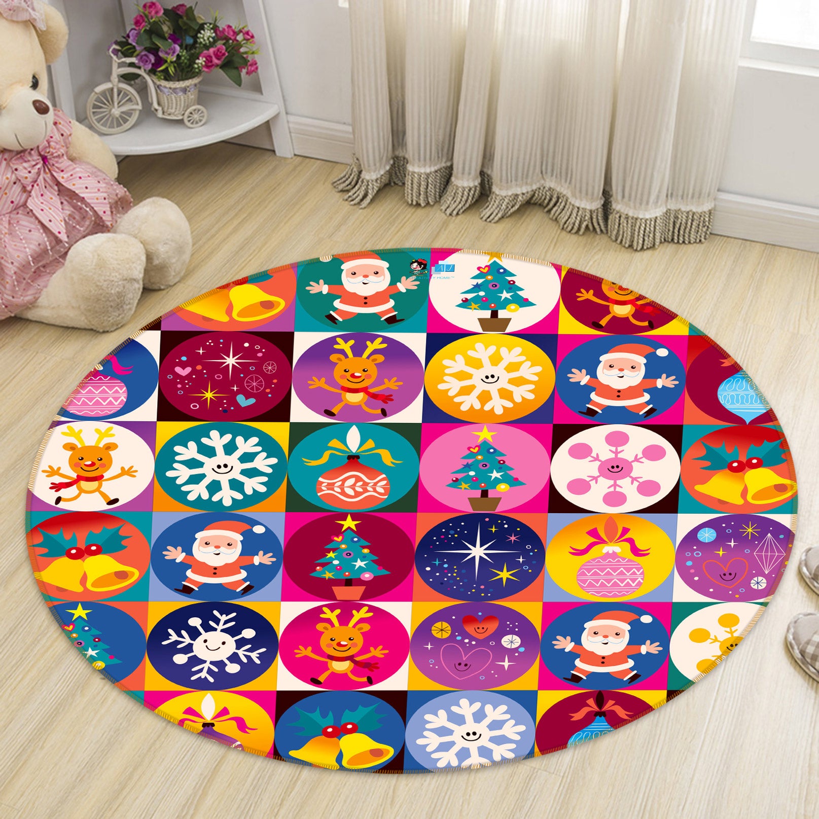 3D Colored Balls Tree Santa 55184 Christmas Round Non Slip Rug Mat Xmas