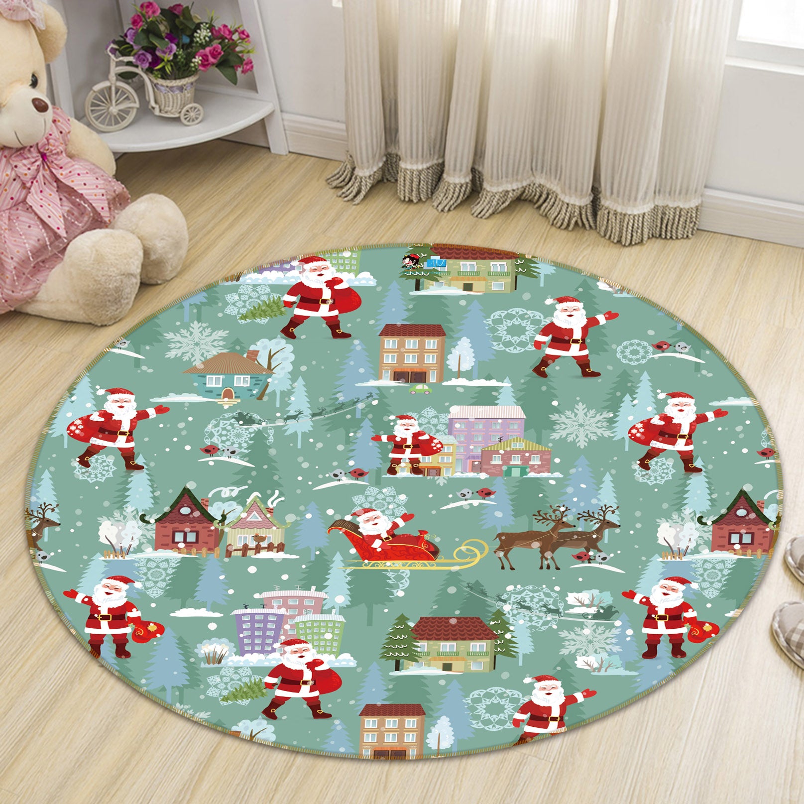 3D Santa Claus House Pattern 56028 Christmas Round Non Slip Rug Mat Xmas
