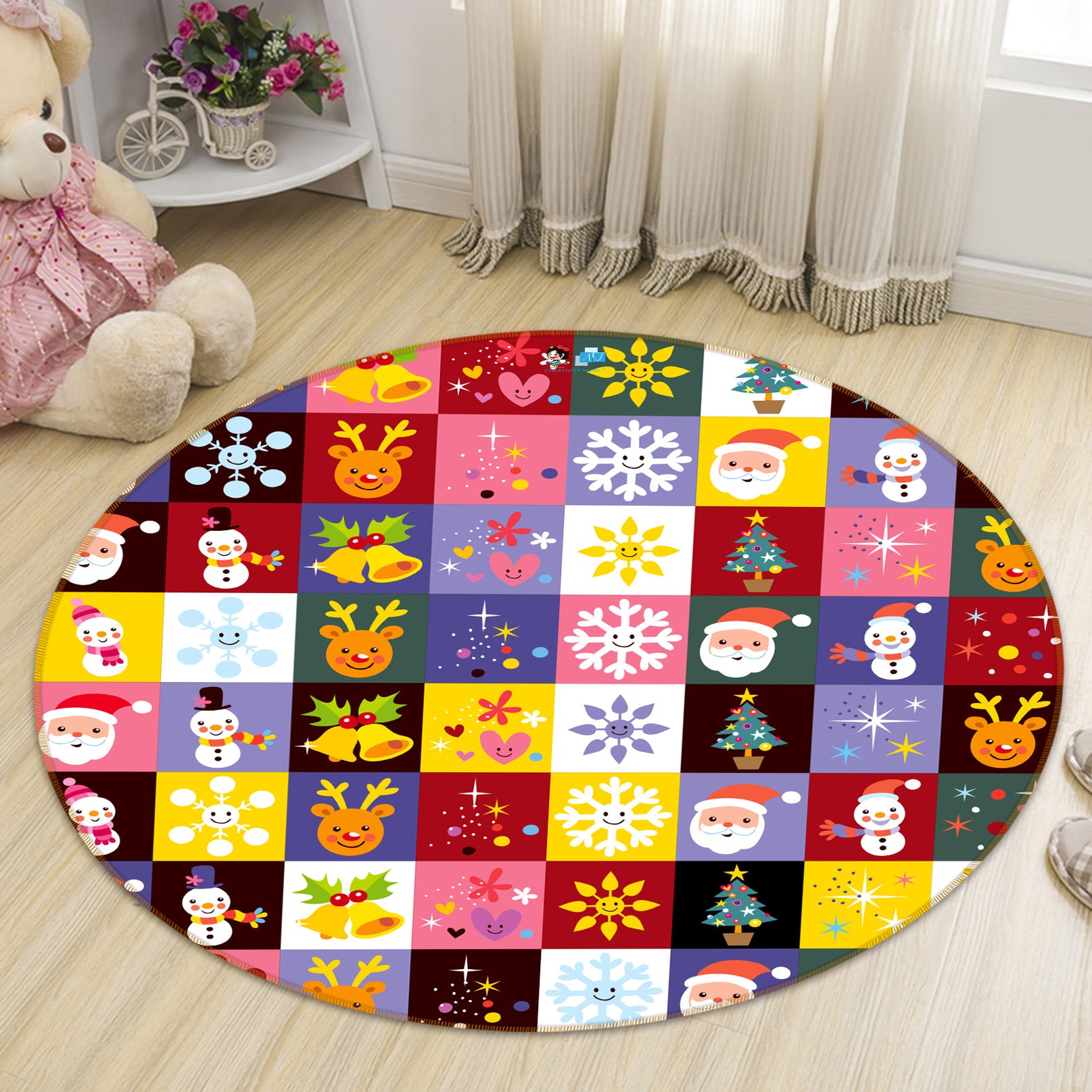 3D Colored Square Snowflake 55159 Christmas Round Non Slip Rug Mat Xmas