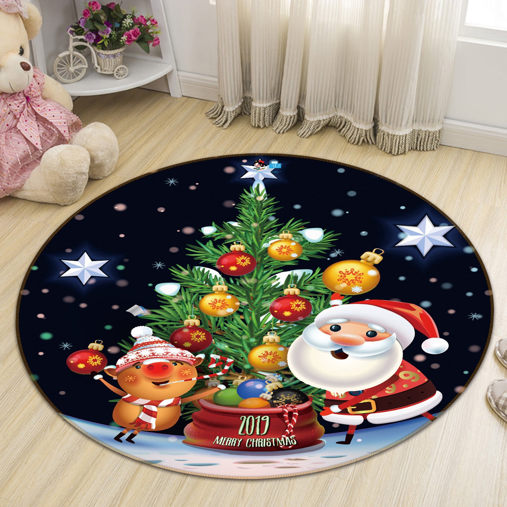 3D Santa Tree Deer 56068 Christmas Round Non Slip Rug Mat Xmas