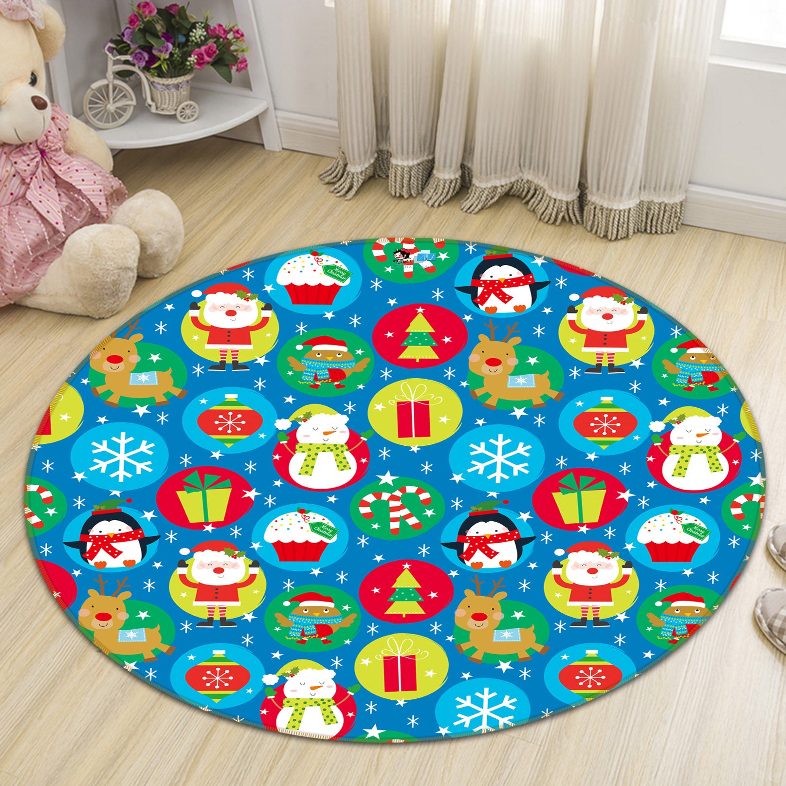 3D Santa Penguin Circle Pattern 56088 Christmas Round Non Slip Rug Mat Xmas